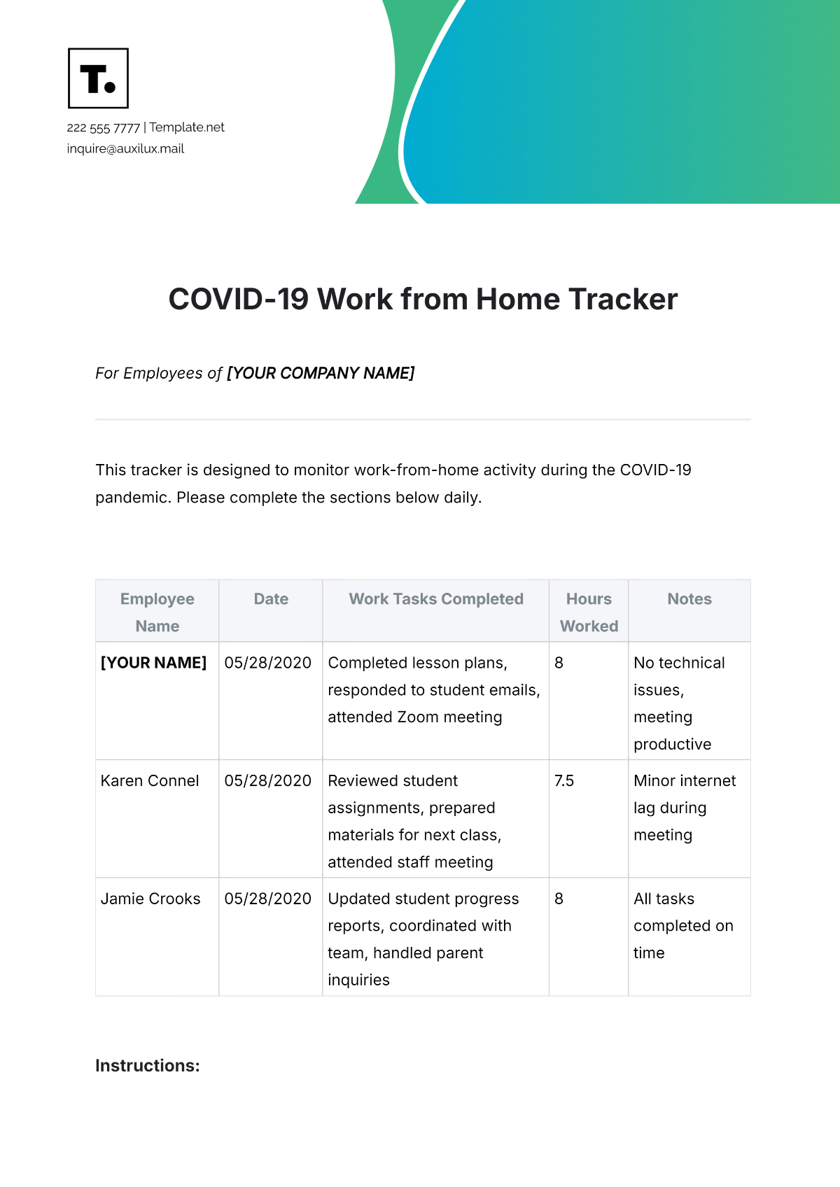 COVID-19 Work from Home Tracker Template - Edit Online & Download