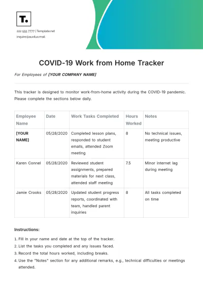 Free COVID-19 Work from Home Tracker Template to Edit Online