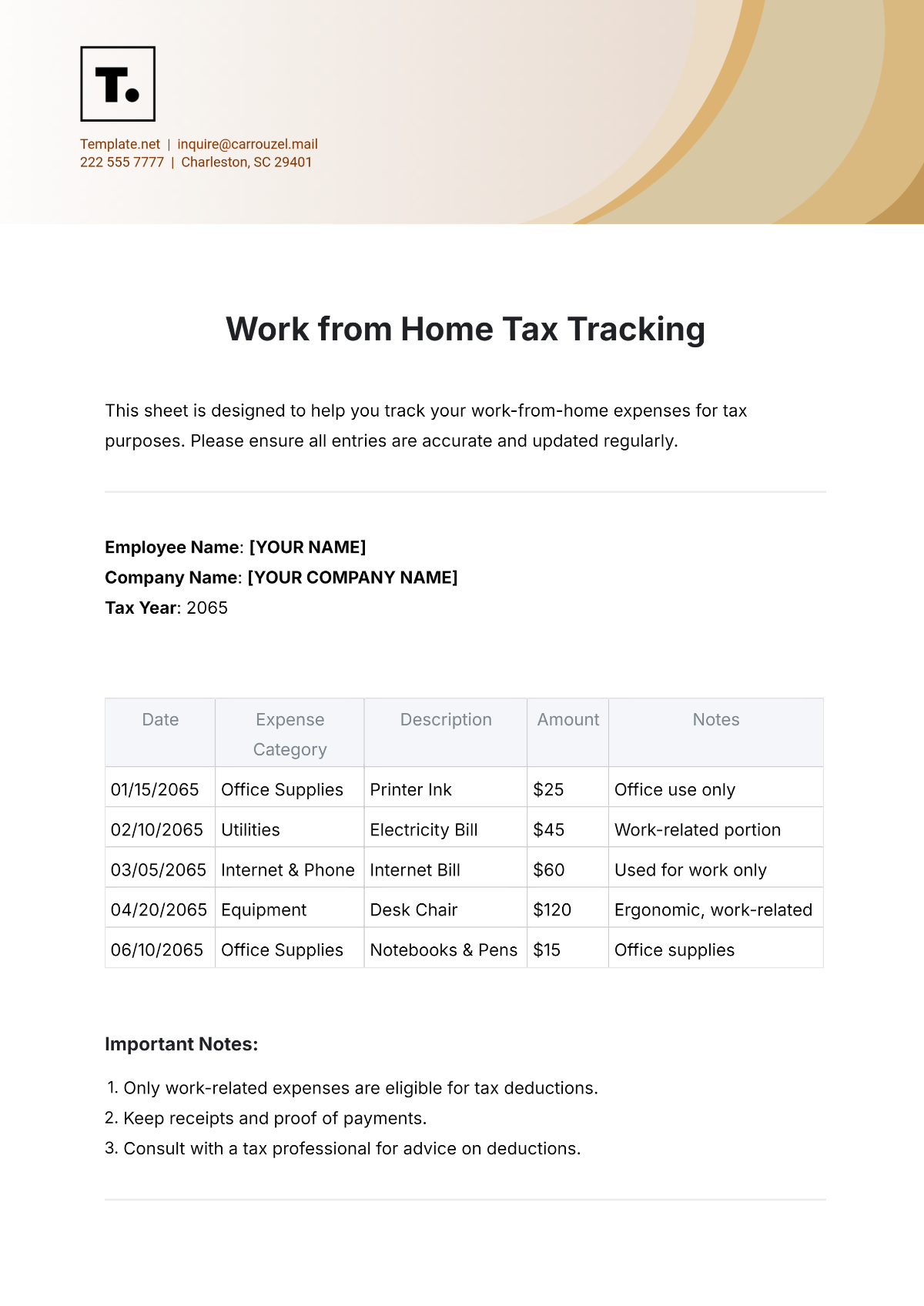 Work from Home Tax Tracking Template - Edit Online & Download