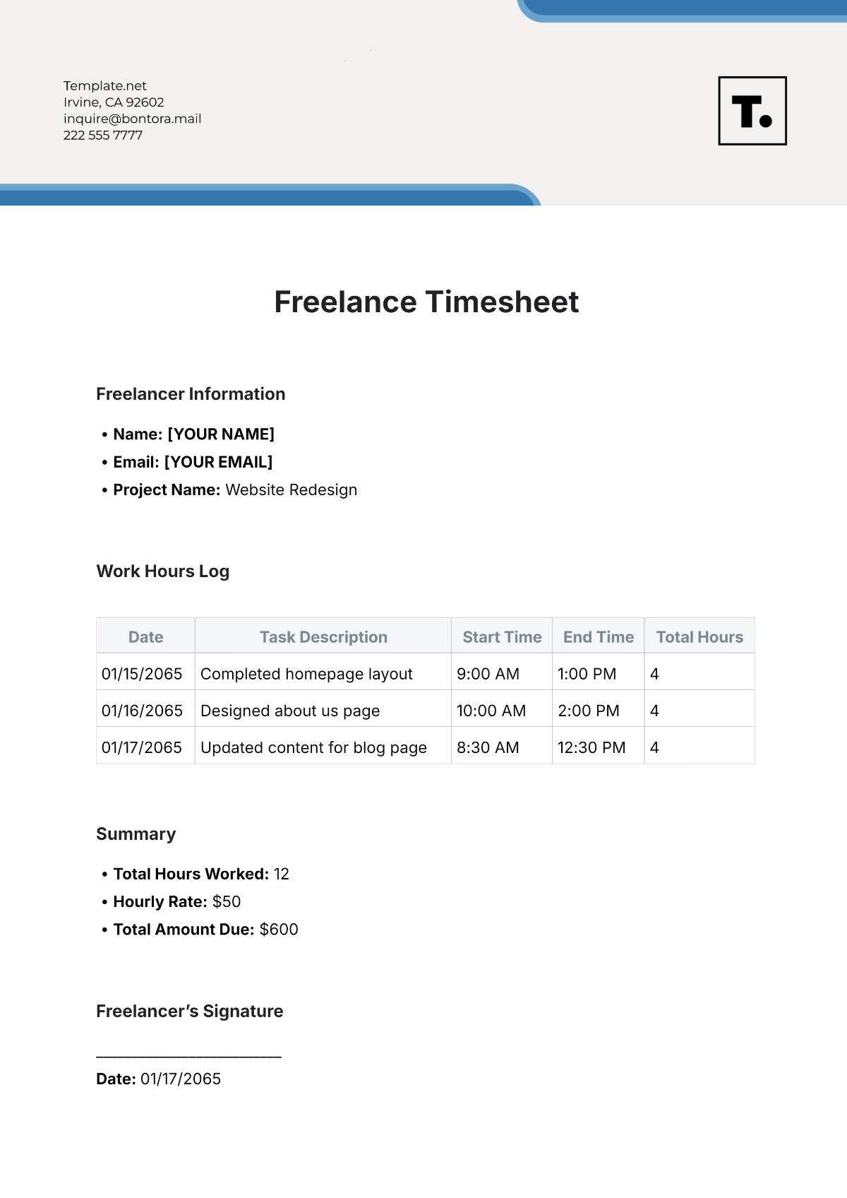 Freelance Timesheet Template - Edit Online & Download