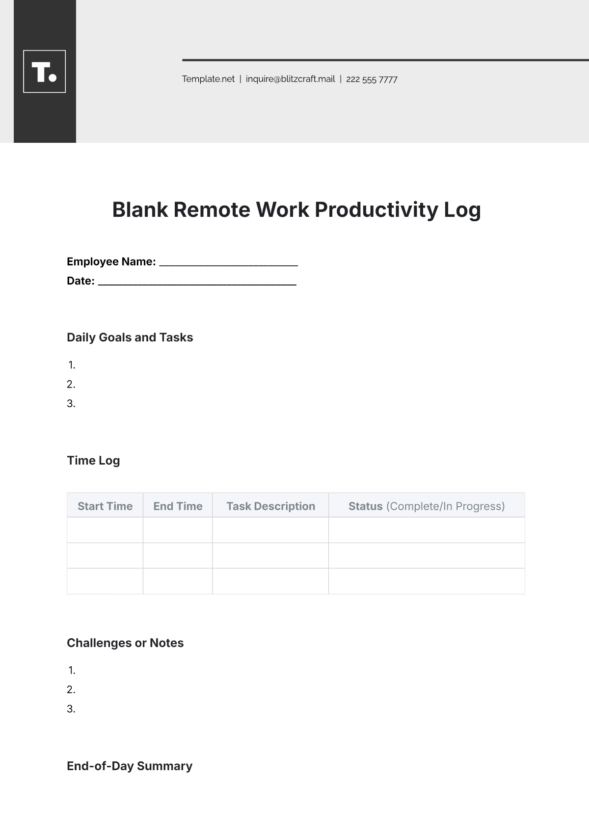 Blank Remote Work Productivity Log Template - Edit Online & Download