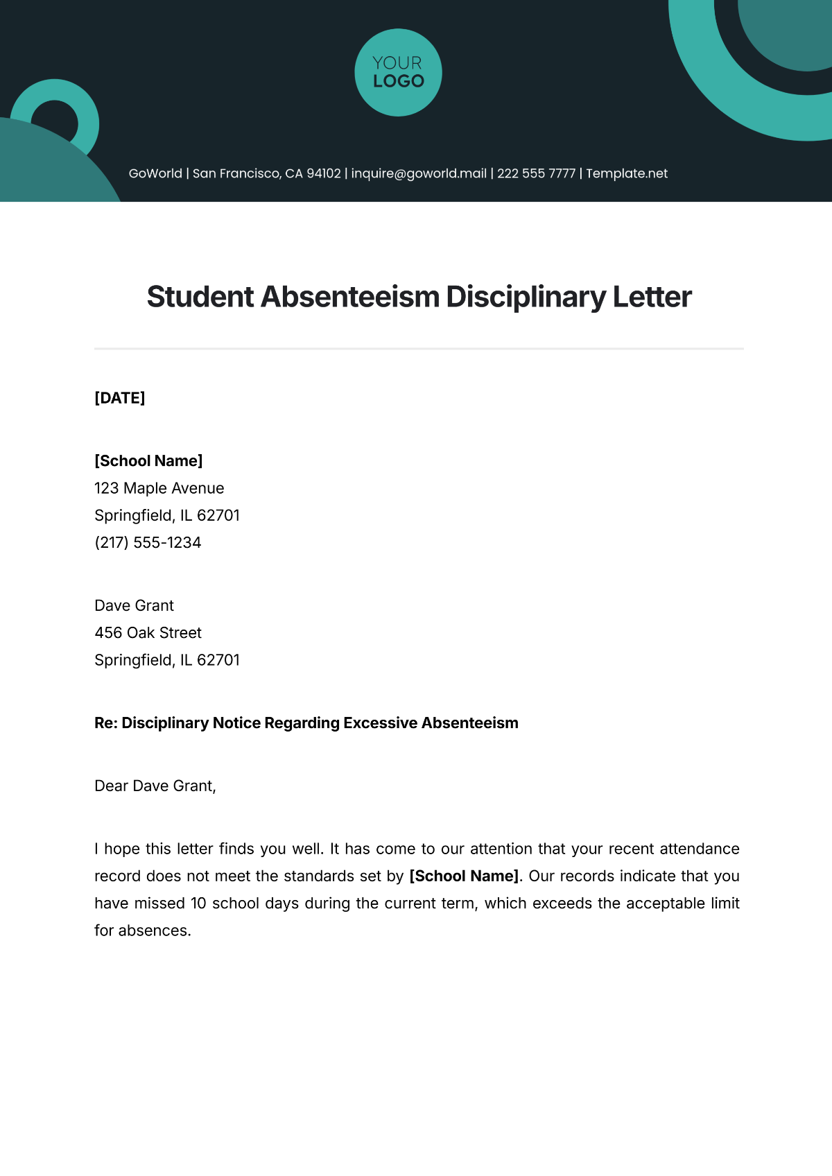 Student Absenteeism Disciplinary Letter Template - Edit Online & Download