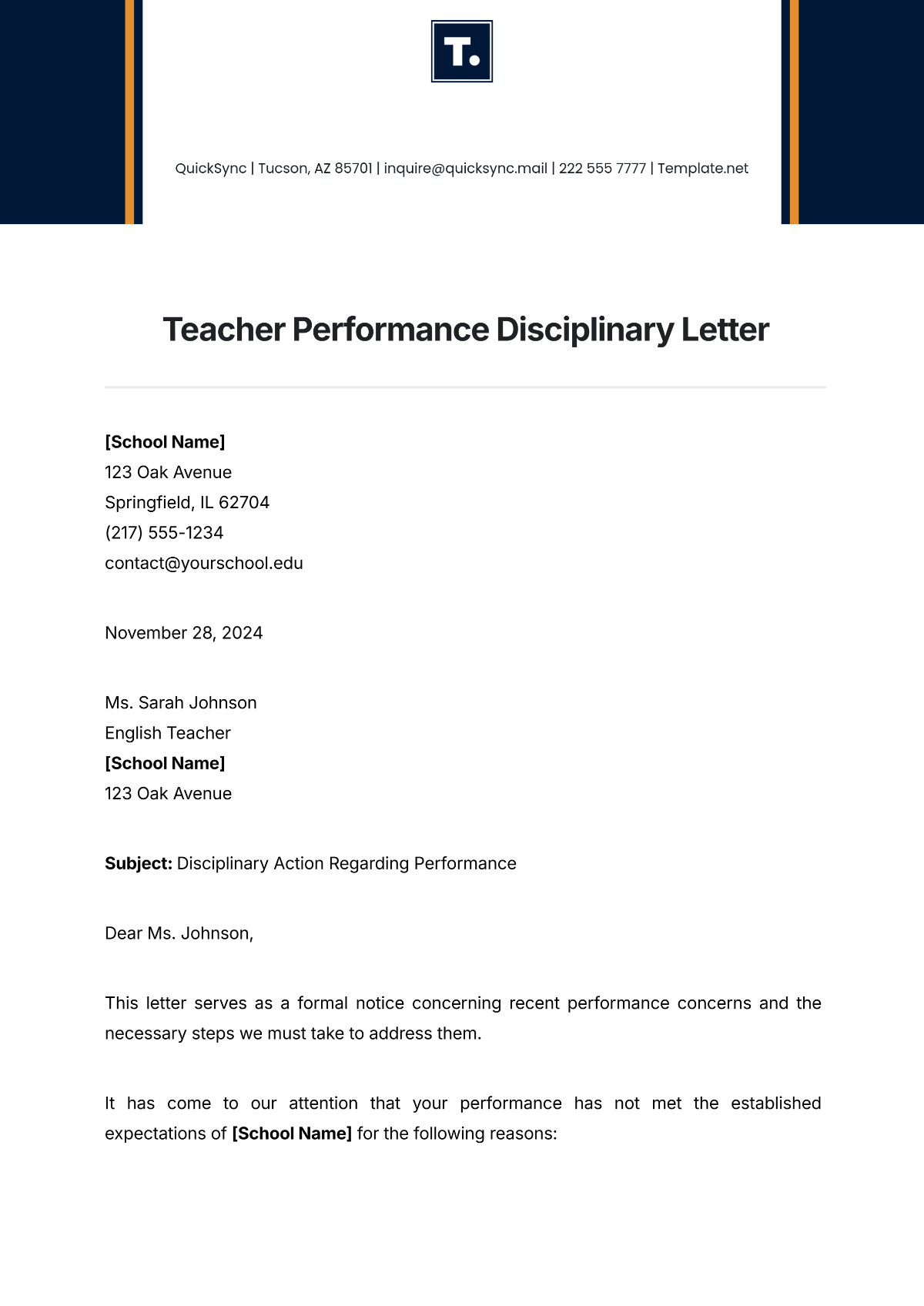 Teacher Performance Disciplinary Letter Template - Edit Online & Download