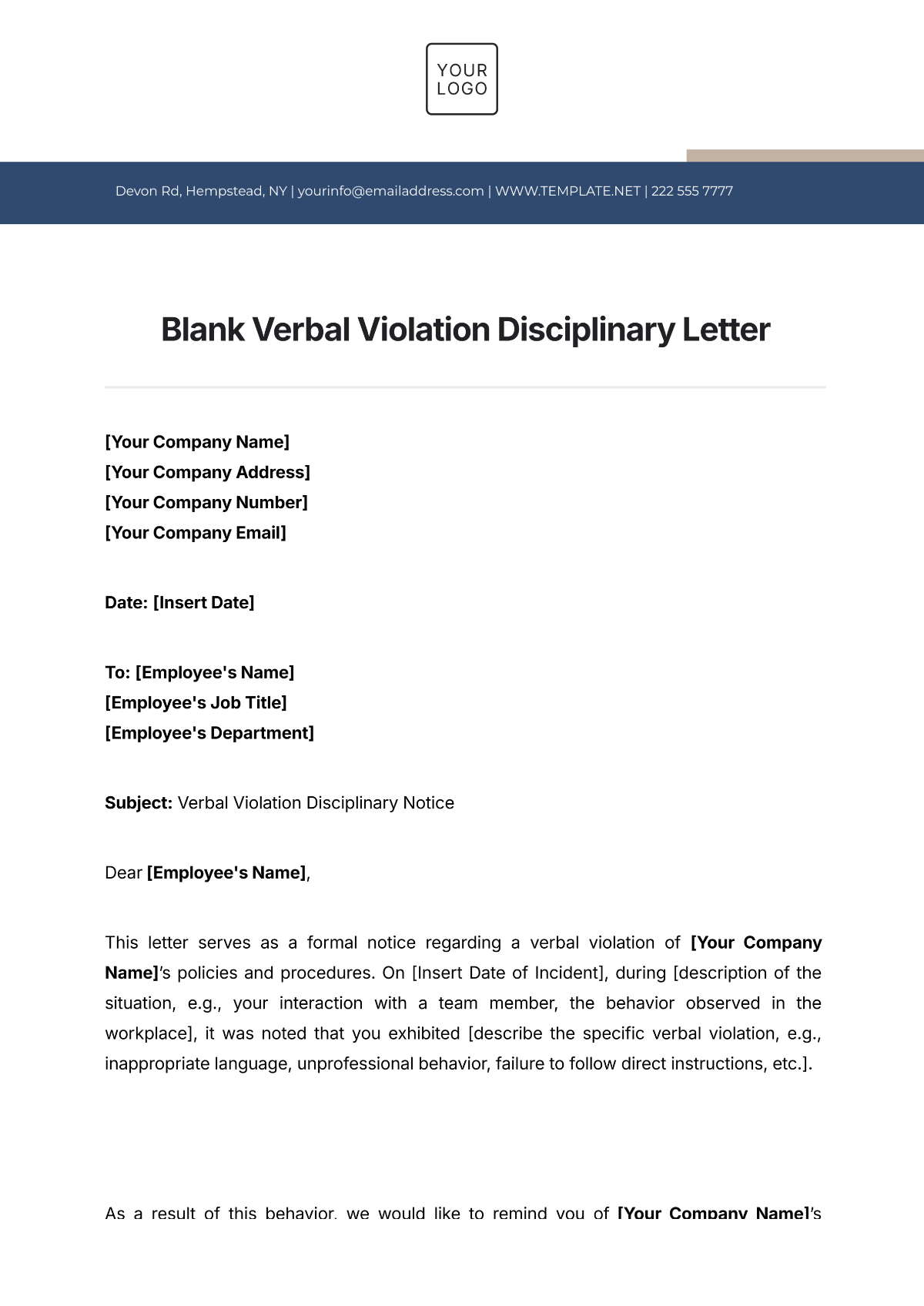 Blank Verbal Violation Disciplinary Letter Template - Edit Online & Download