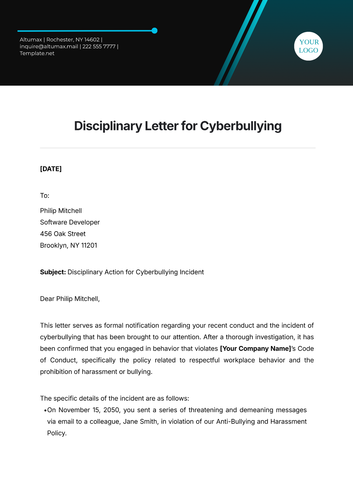 Disciplinary Letter for Cyberbullying Template - Edit Online & Download