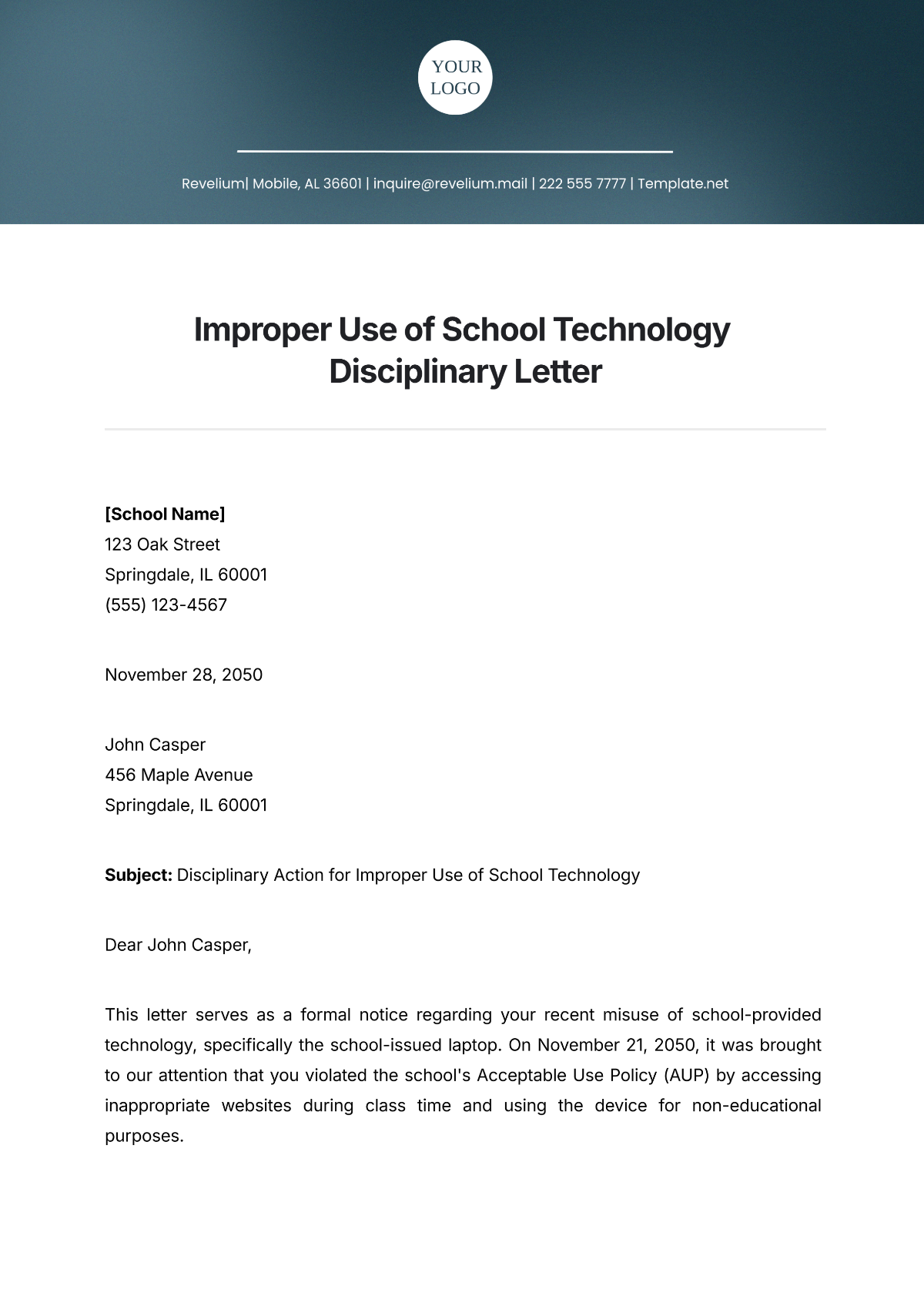 Improper Use of School Technology Disciplinary Letter Template - Edit Online & Download