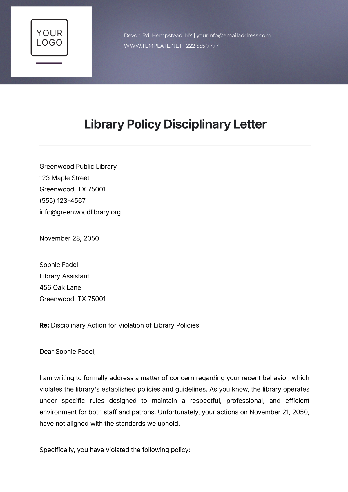 Library Policy Disciplinary Letter Template - Edit Online & Download