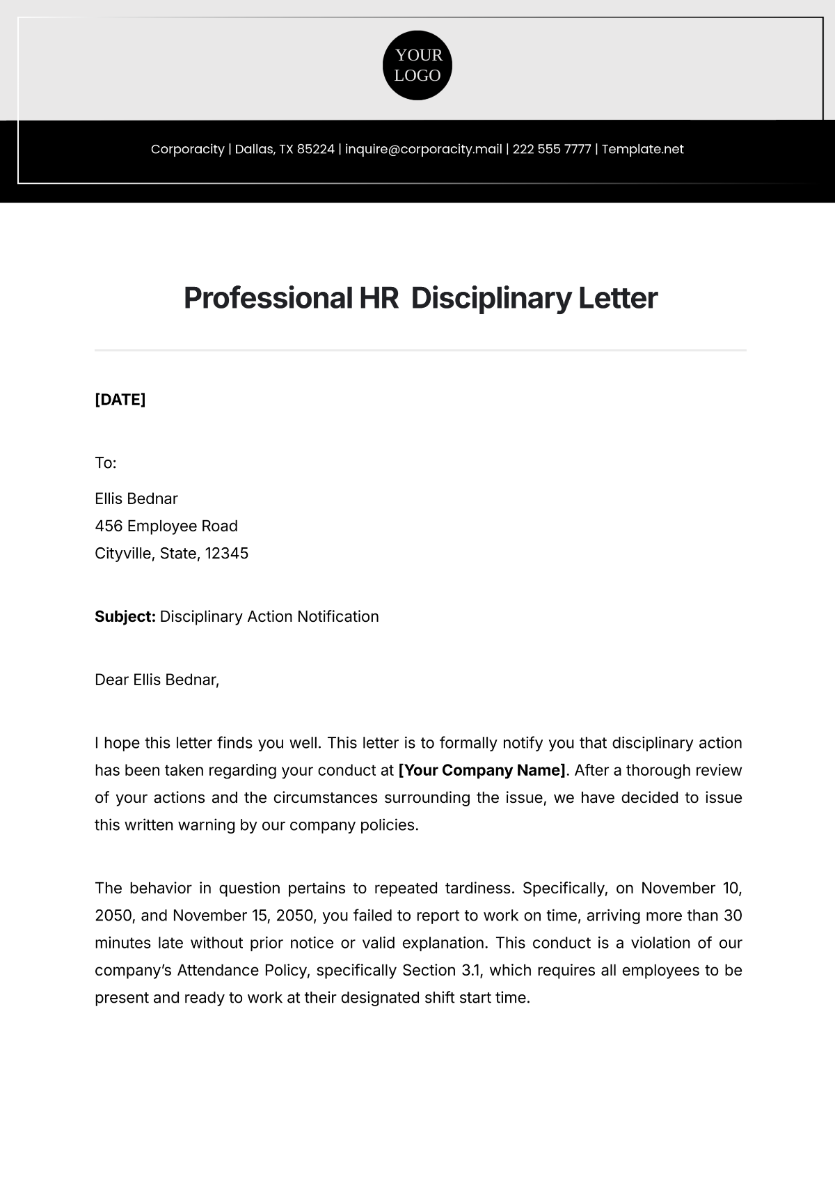 Professional HR  Disciplinary Letter Template - Edit Online & Download