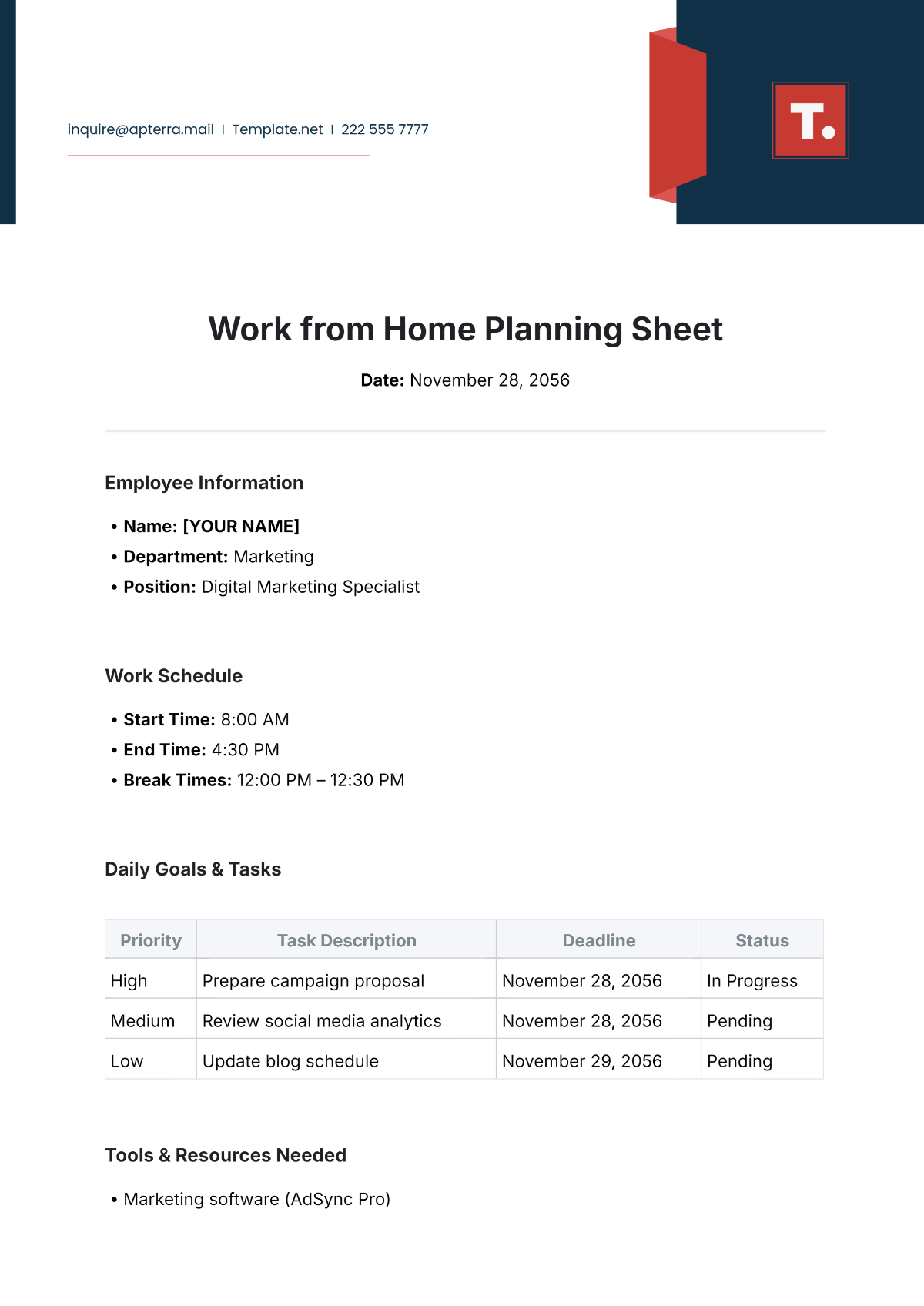 Work from Home Planning Sheet Template - Edit Online & Download