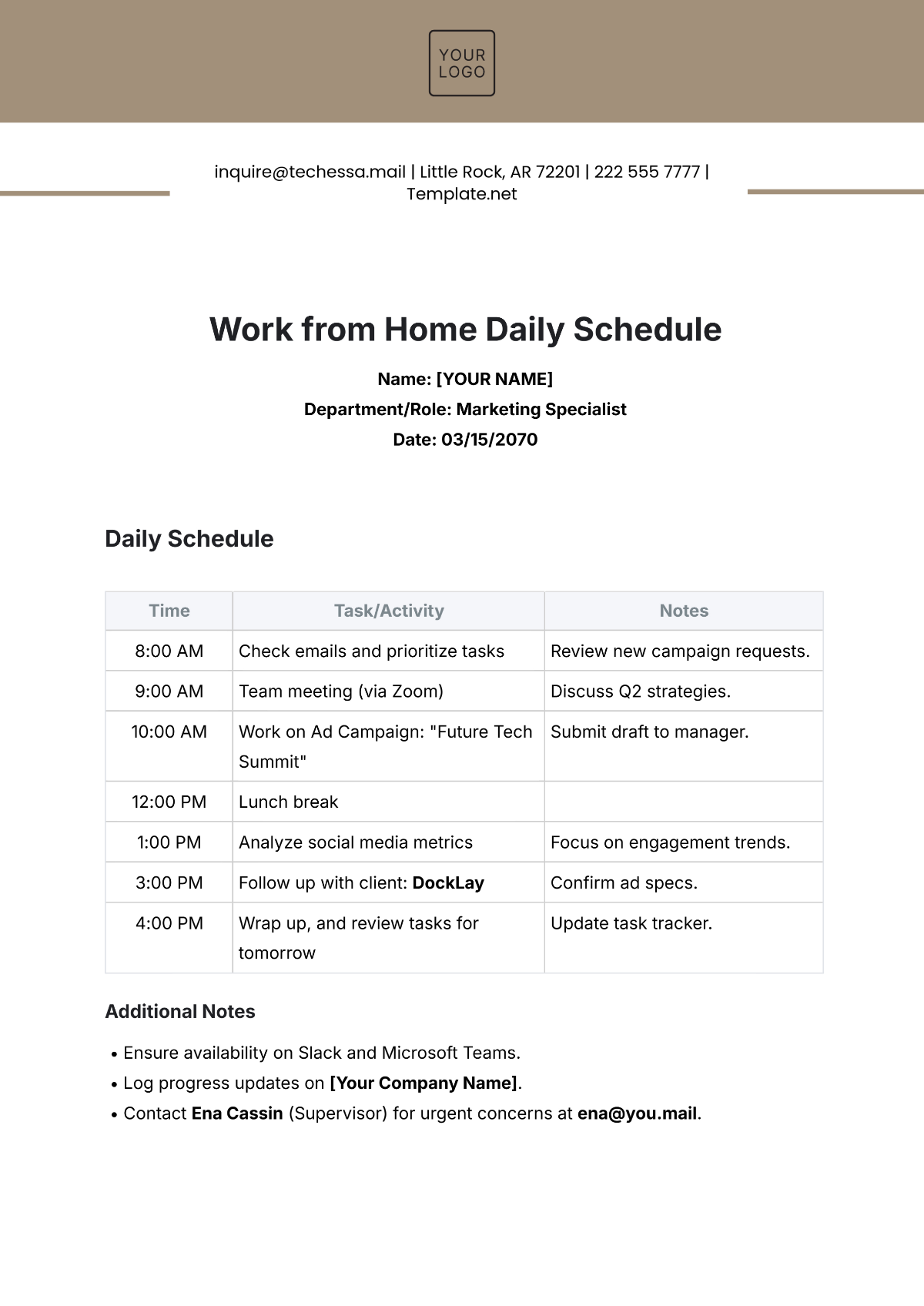 Work from Home Daily Schedule Template - Edit Online & Download