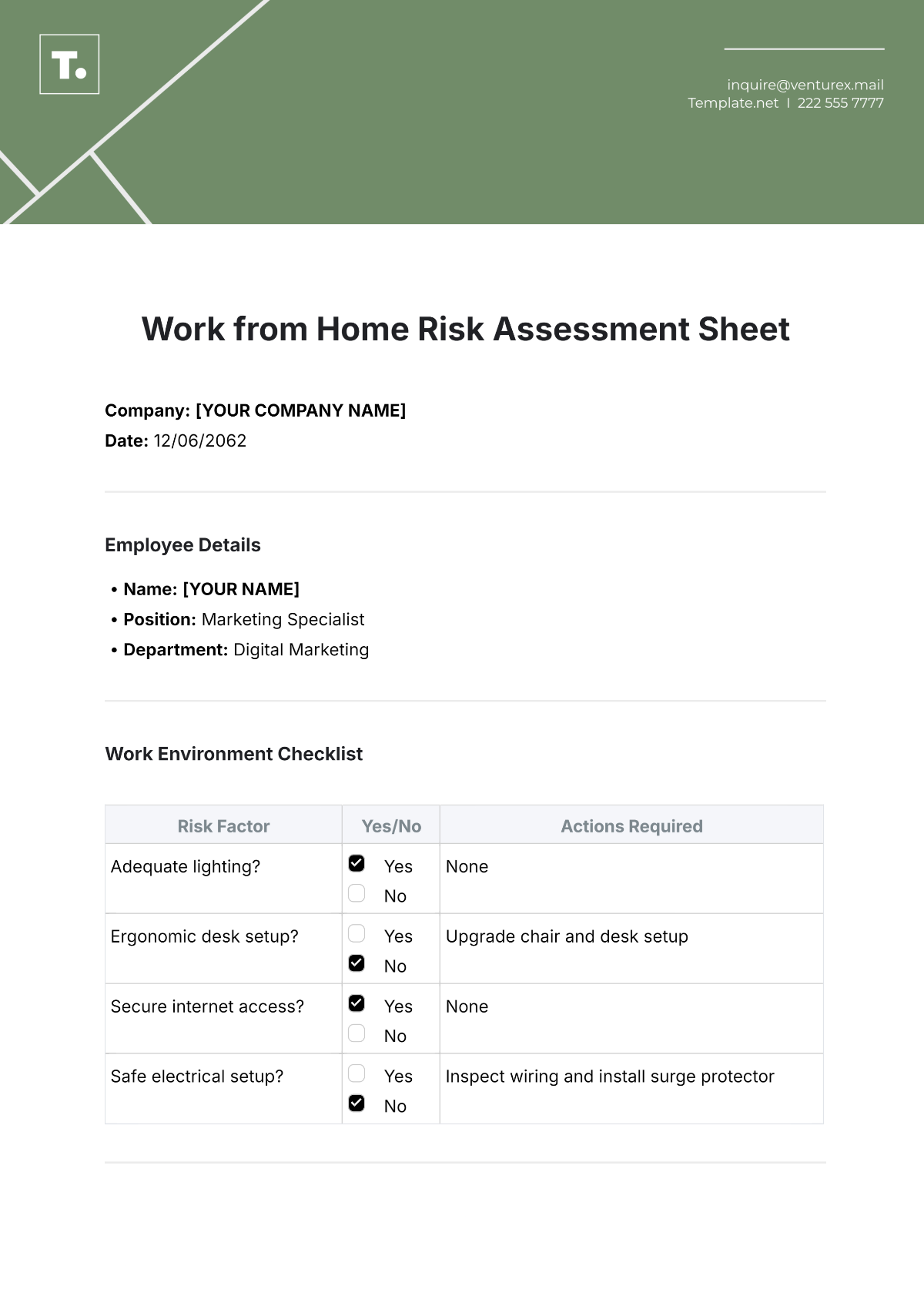 Work from Home Risk Assessment Sheet Template - Edit Online & Download