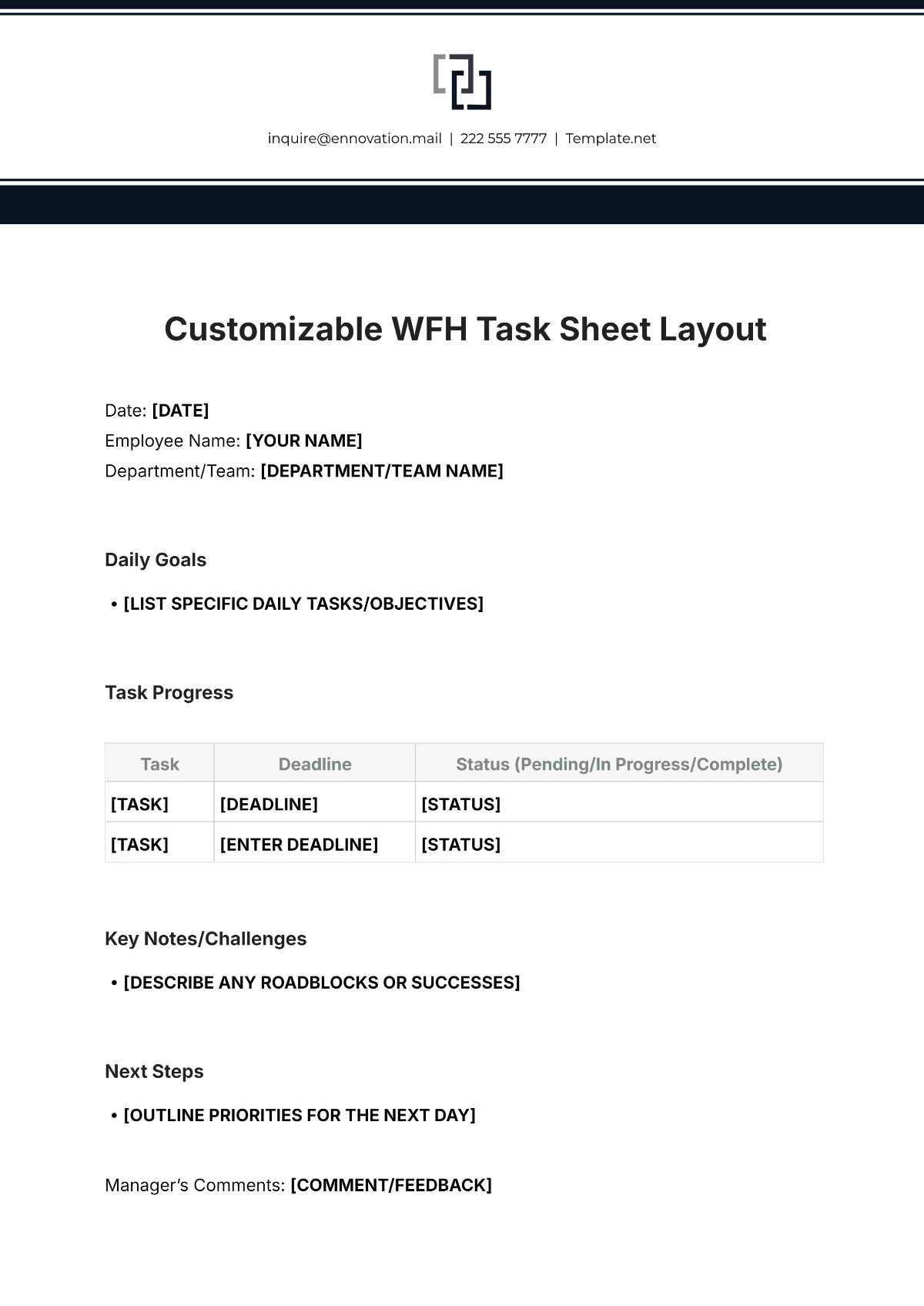 Customizable WFH Task Sheet Layout Template - Edit Online & Download