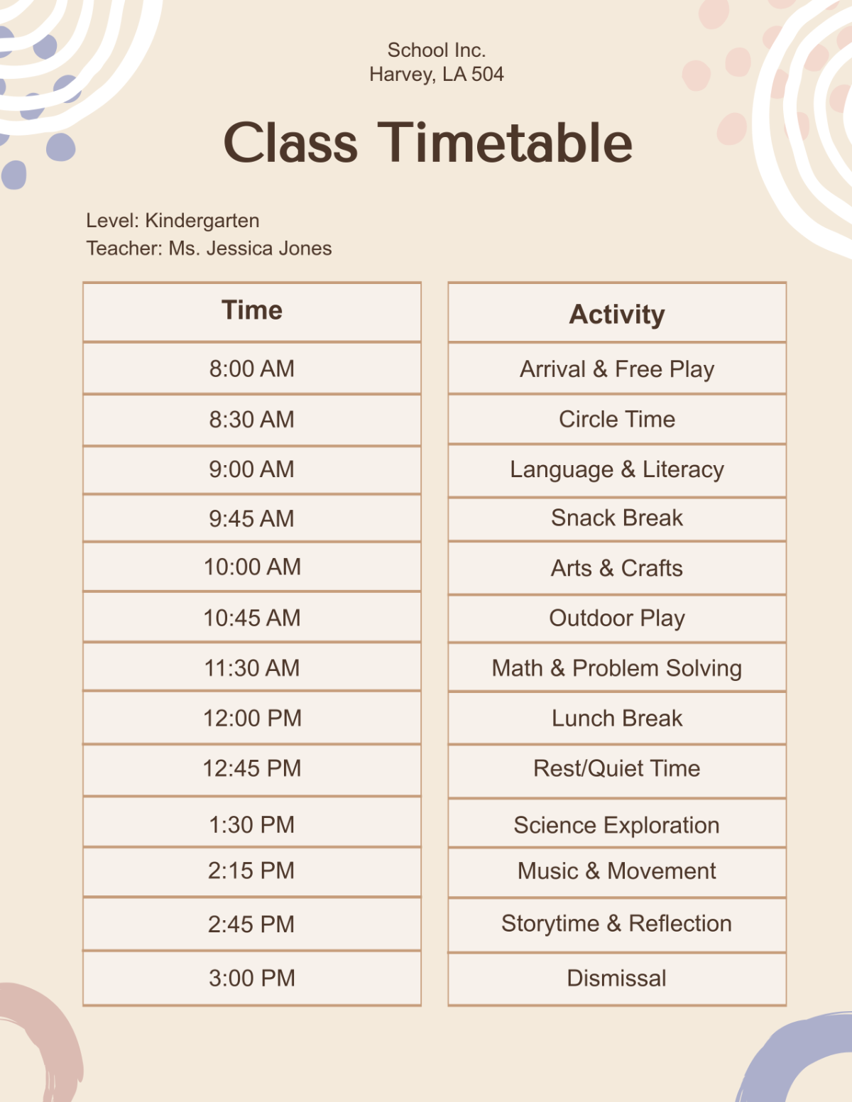 Visual Class Timetable Template - Edit Online & Download