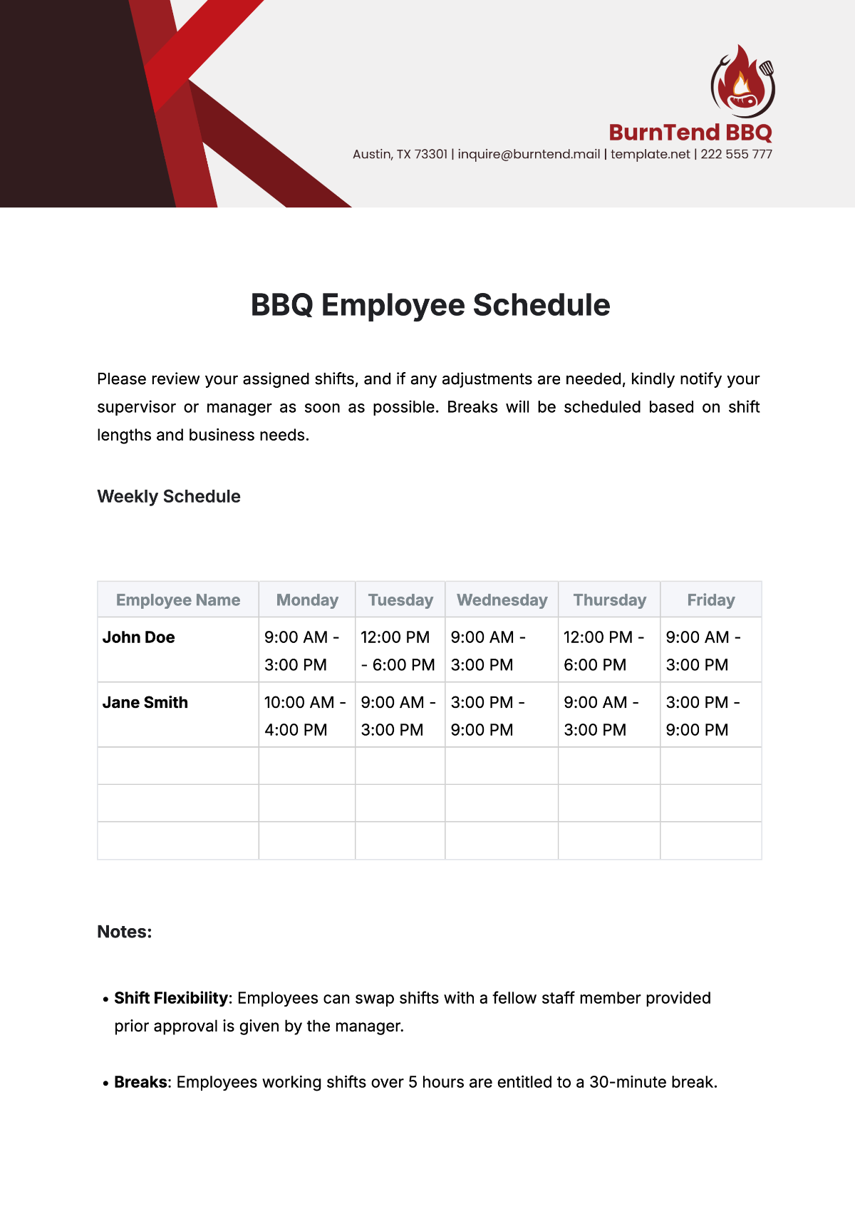 BBQ Employee Schedule Template - Edit Online & Download