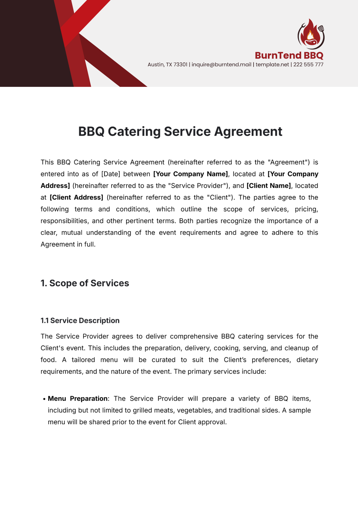 BBQ Catering Service Agreement Template - Edit Online & Download