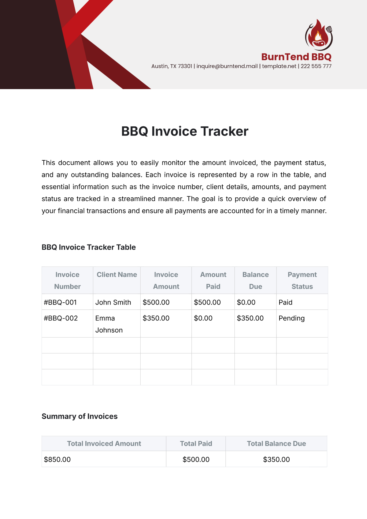 BBQ Invoice Tracker Template - Edit Online & Download