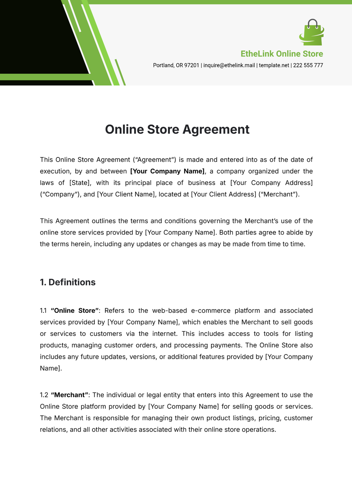 Online Store Agreement Template - Edit Online & Download