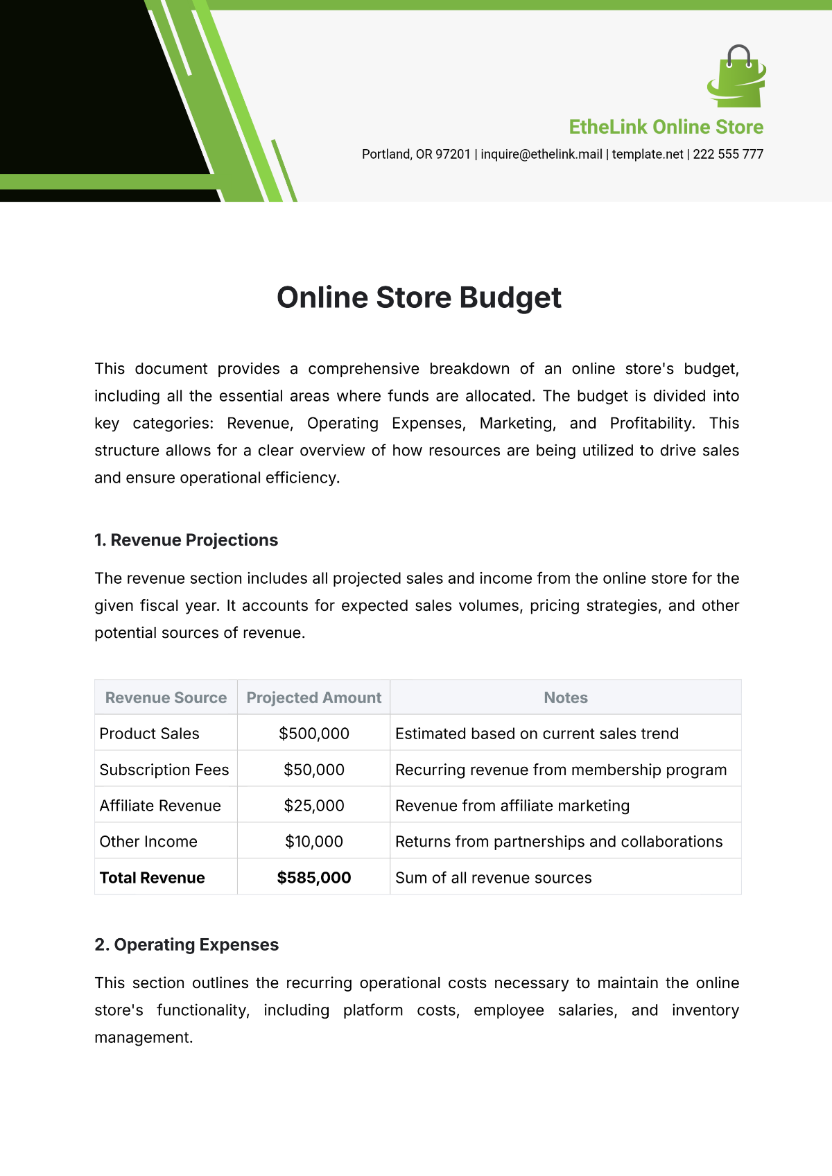 Online Store Budget Template - Edit Online & Download