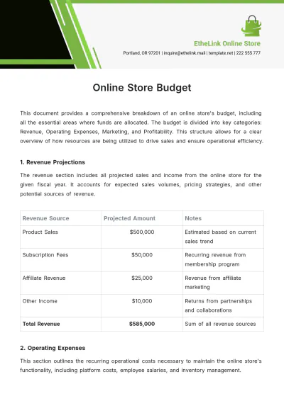 Free Online Store Budget Template to Edit Online