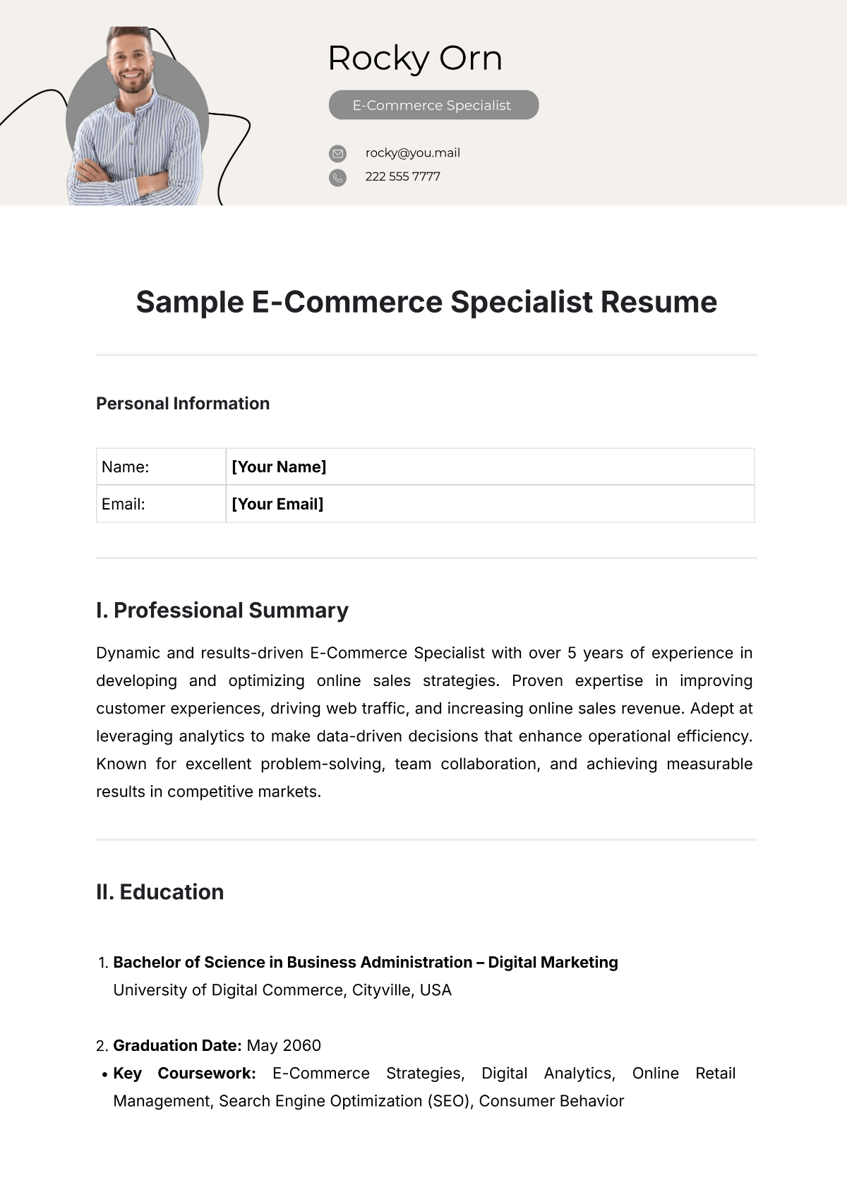 Sample E-Commerce Specialist Resume Template - Edit Online & Download