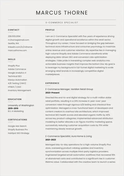 Free Sample E-Commerce Specialist ATS Resume Template