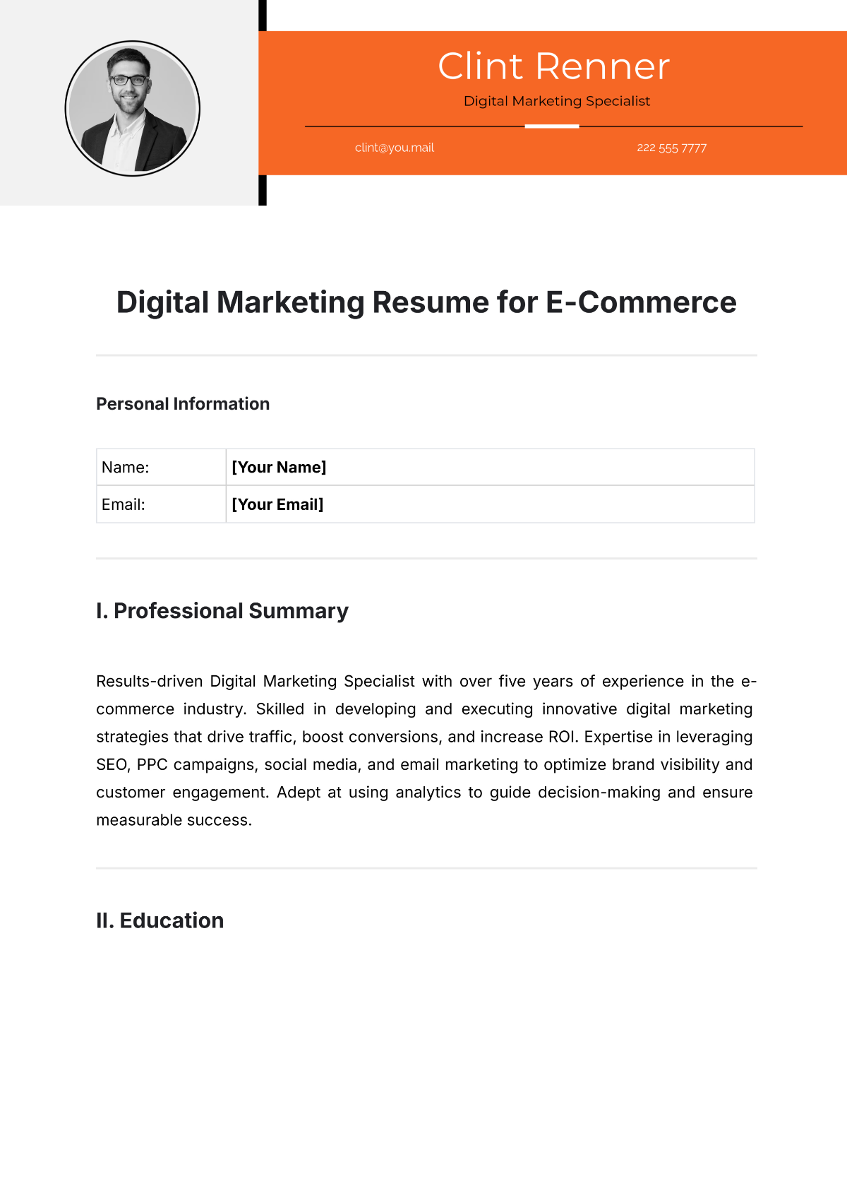 Digital Marketing Resume for E-Commerce Template - Edit Online & Download