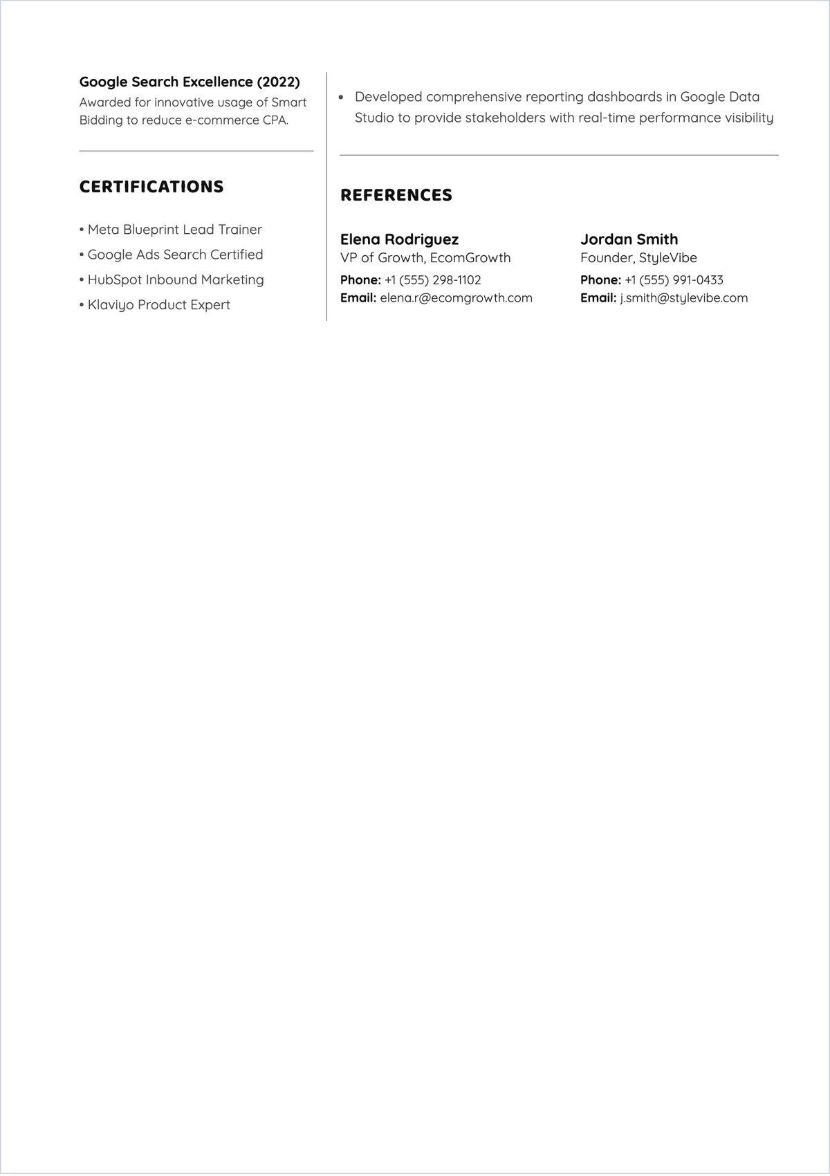 Free Digital Marketing ATS Resume for E-Commerce Template