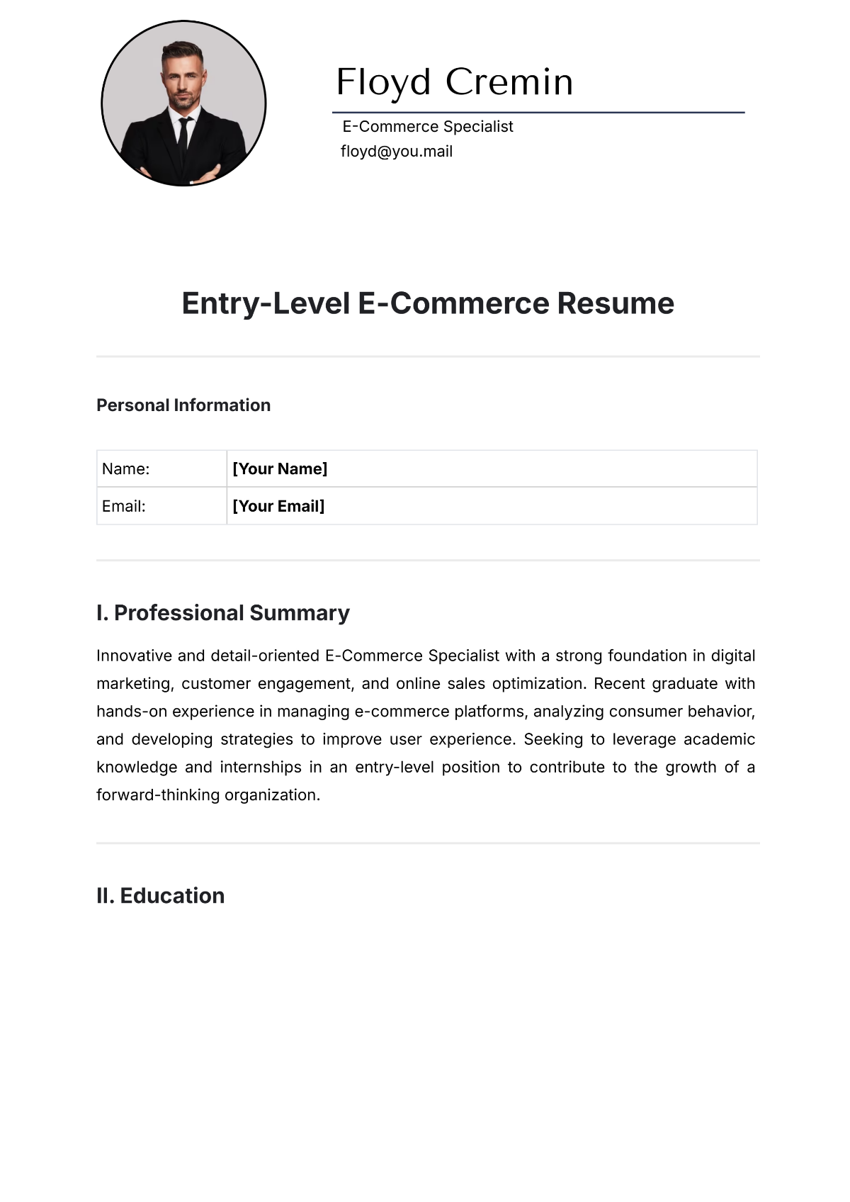 Entry-Level E-Commerce Resume Template - Edit Online & Download