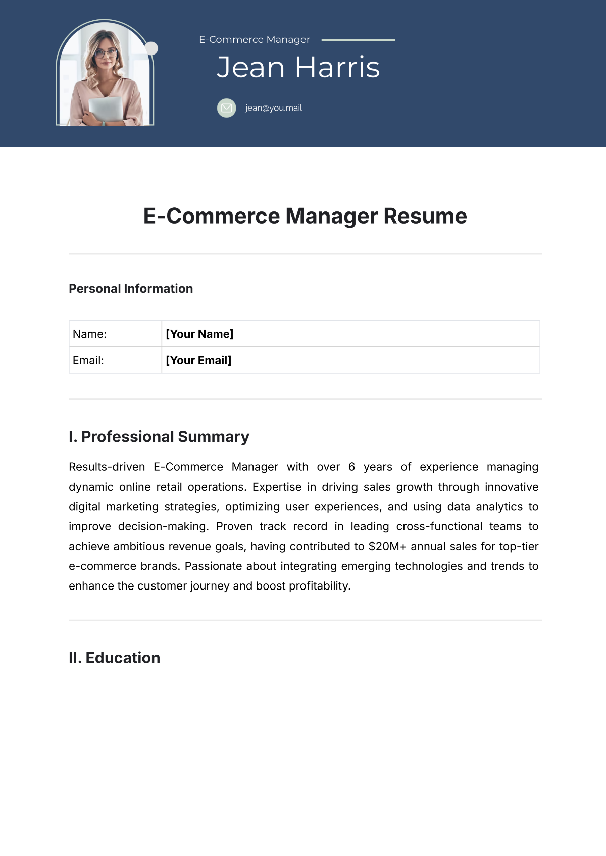 E-Commerce Manager Resume Template - Edit Online & Download