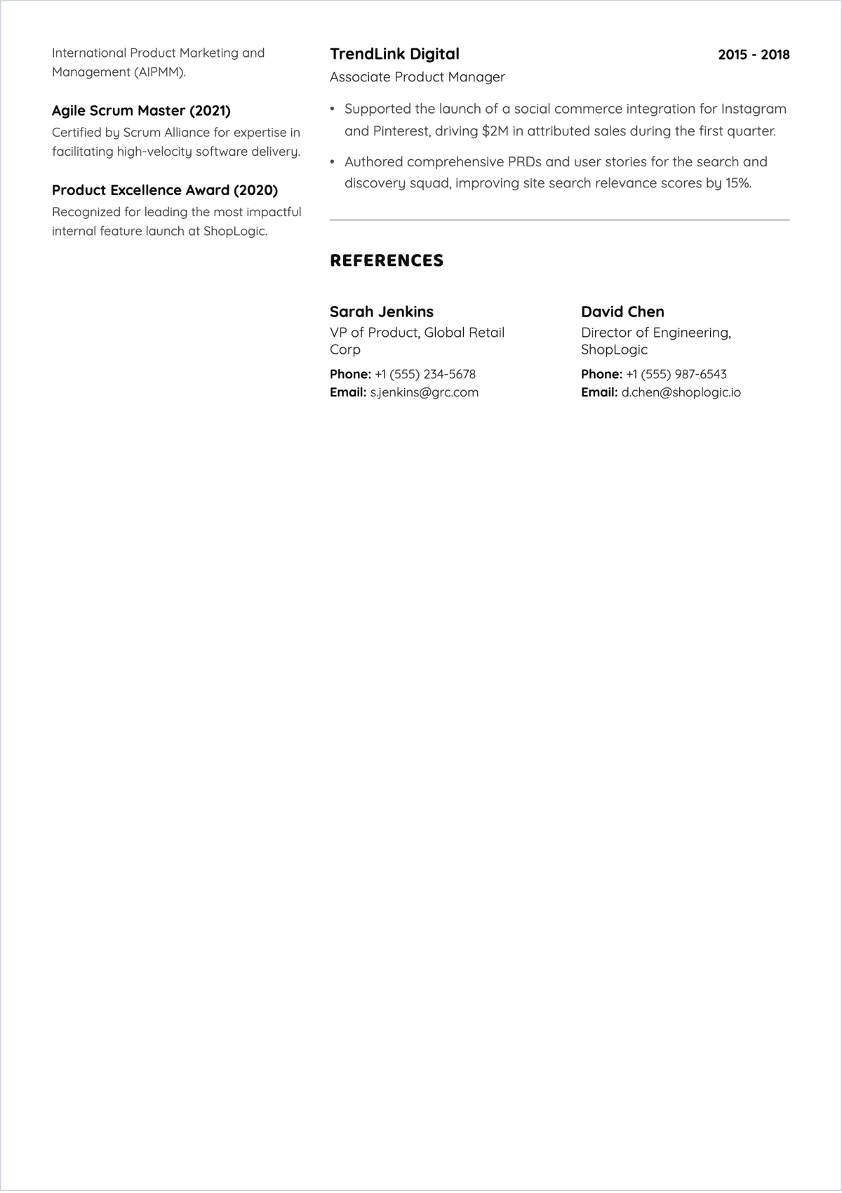 Free Simple E-Commerce Product Manager ATS Resume Template