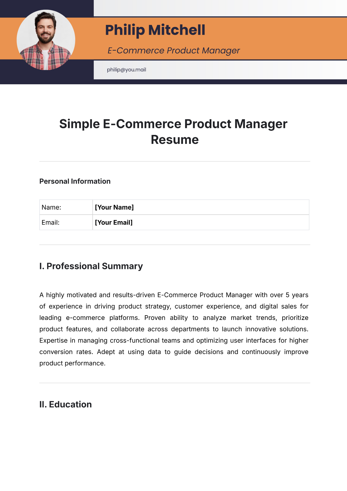 Simple E-Commerce Product Manager Resume Template - Edit Online & Download