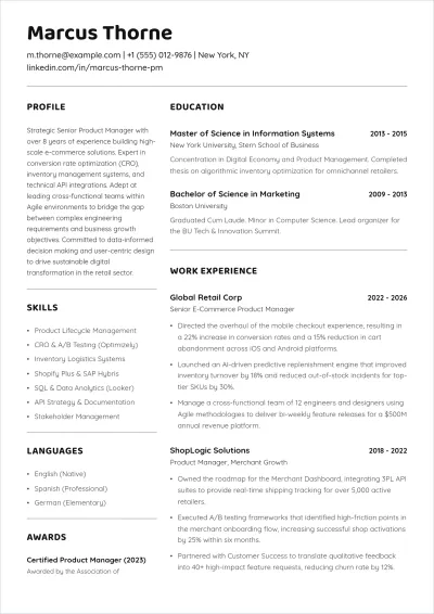 Free Simple E-Commerce Product Manager ATS Resume Template