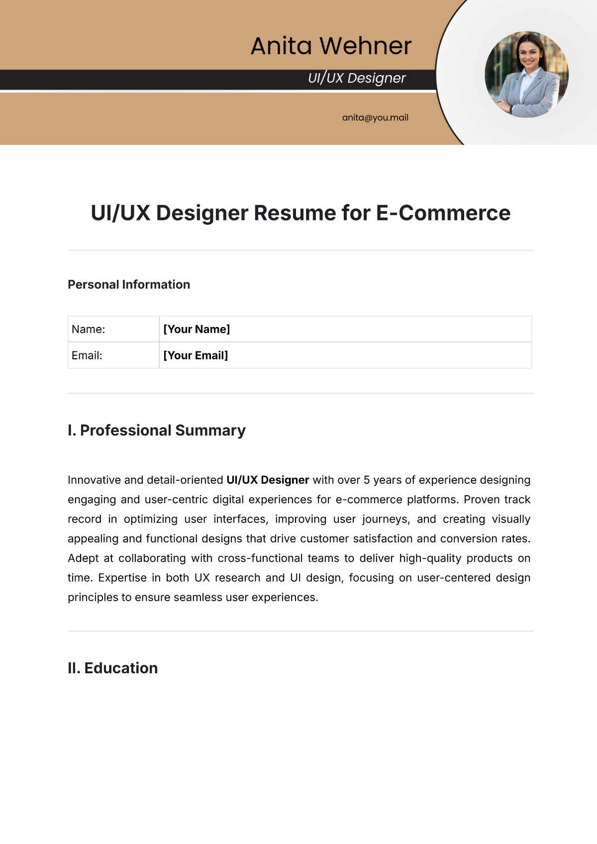 UI/UX Designer Resume for E-Commerce Template - Edit Online & Download