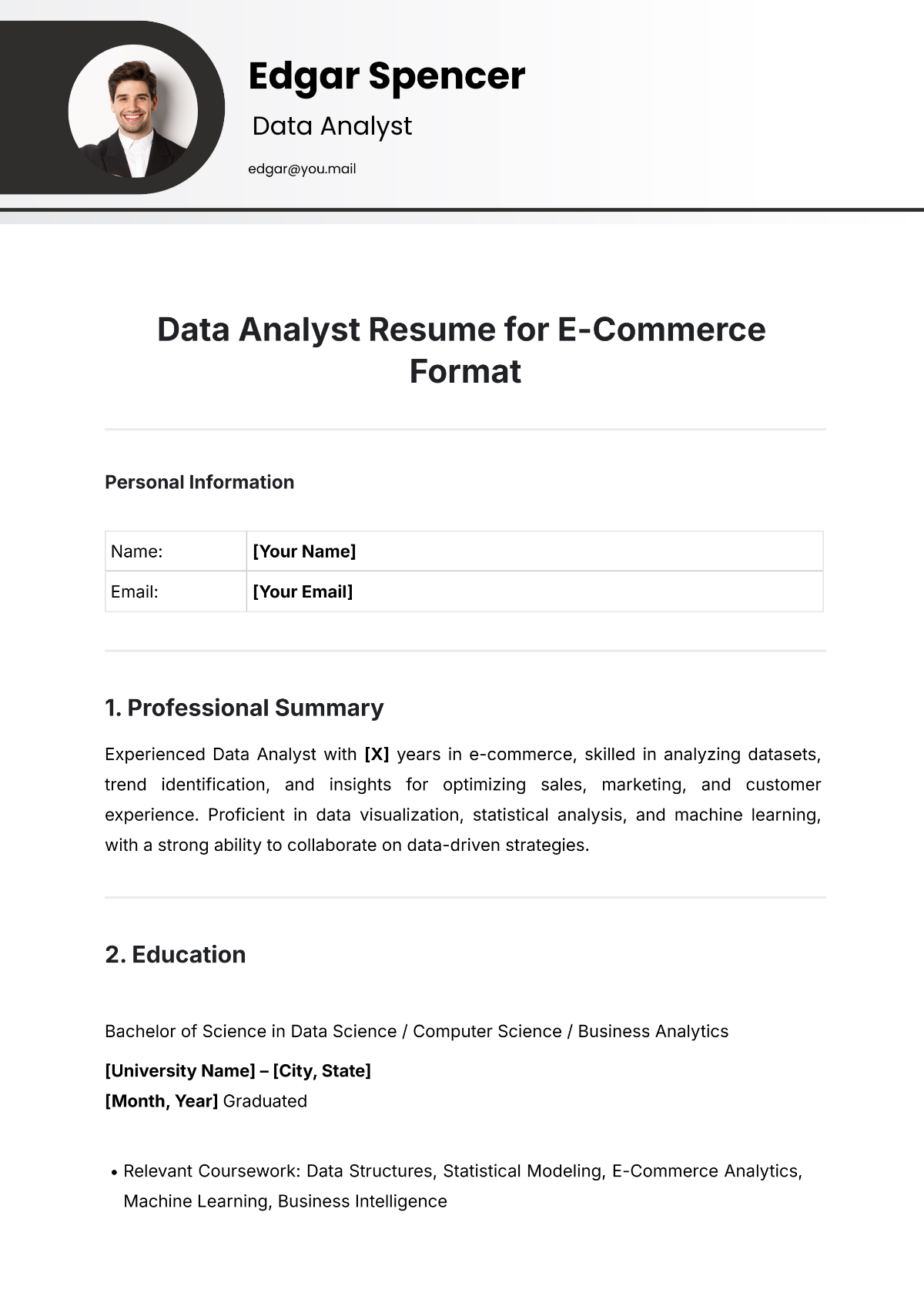 Data Analyst Resume for E-Commerce Format Template - Edit Online & Download