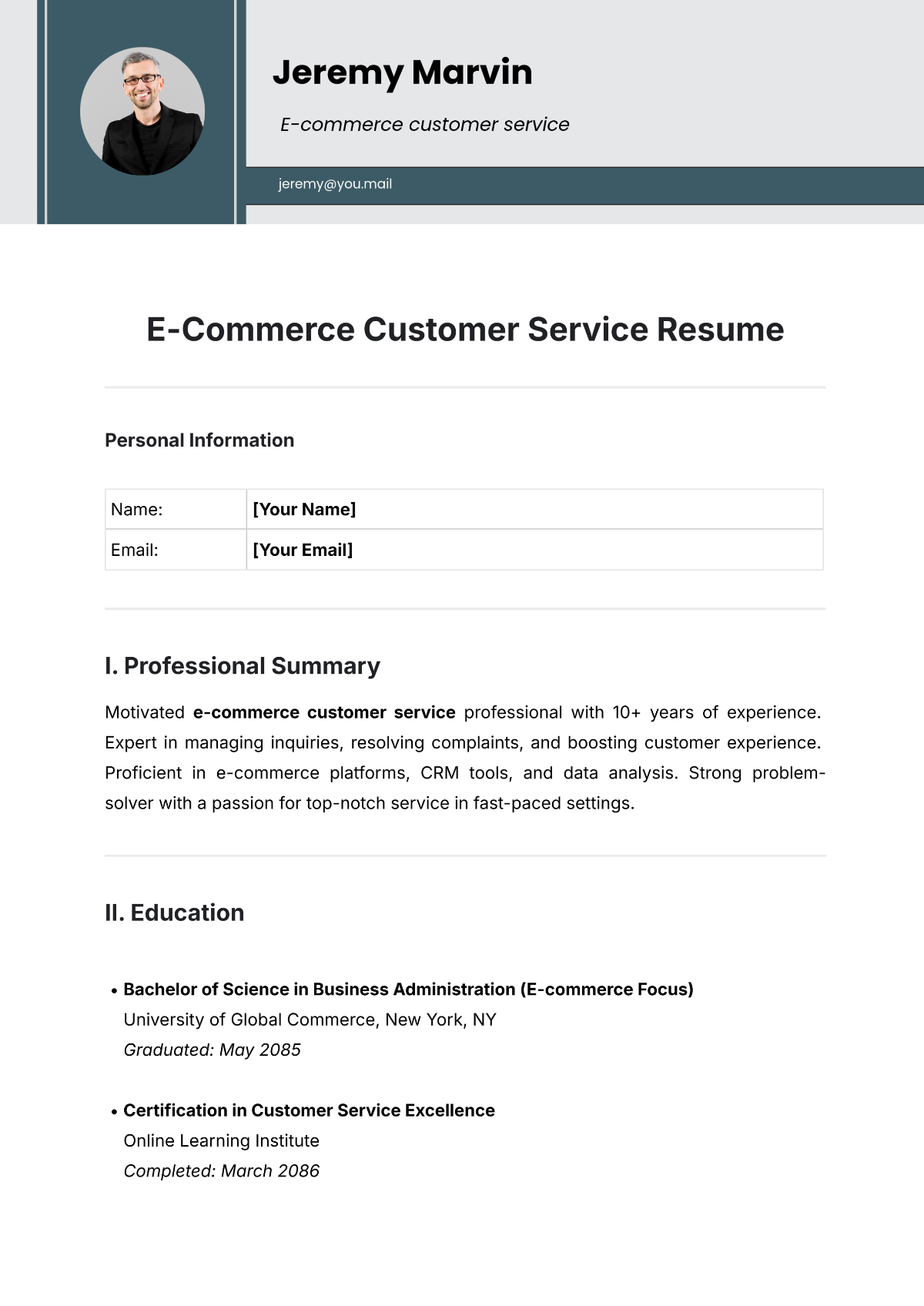 E-Commerce Customer Service Resume Template - Edit Online & Download