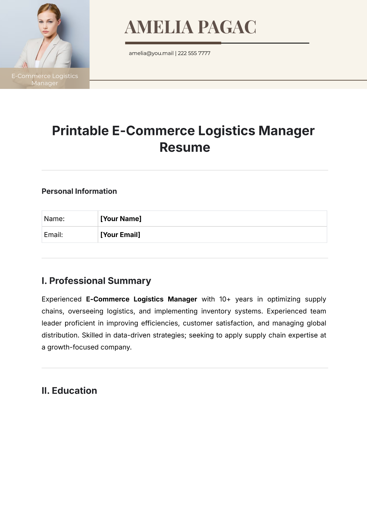 Printable E-Commerce Logistics Manager Resume Template - Edit Online & Download