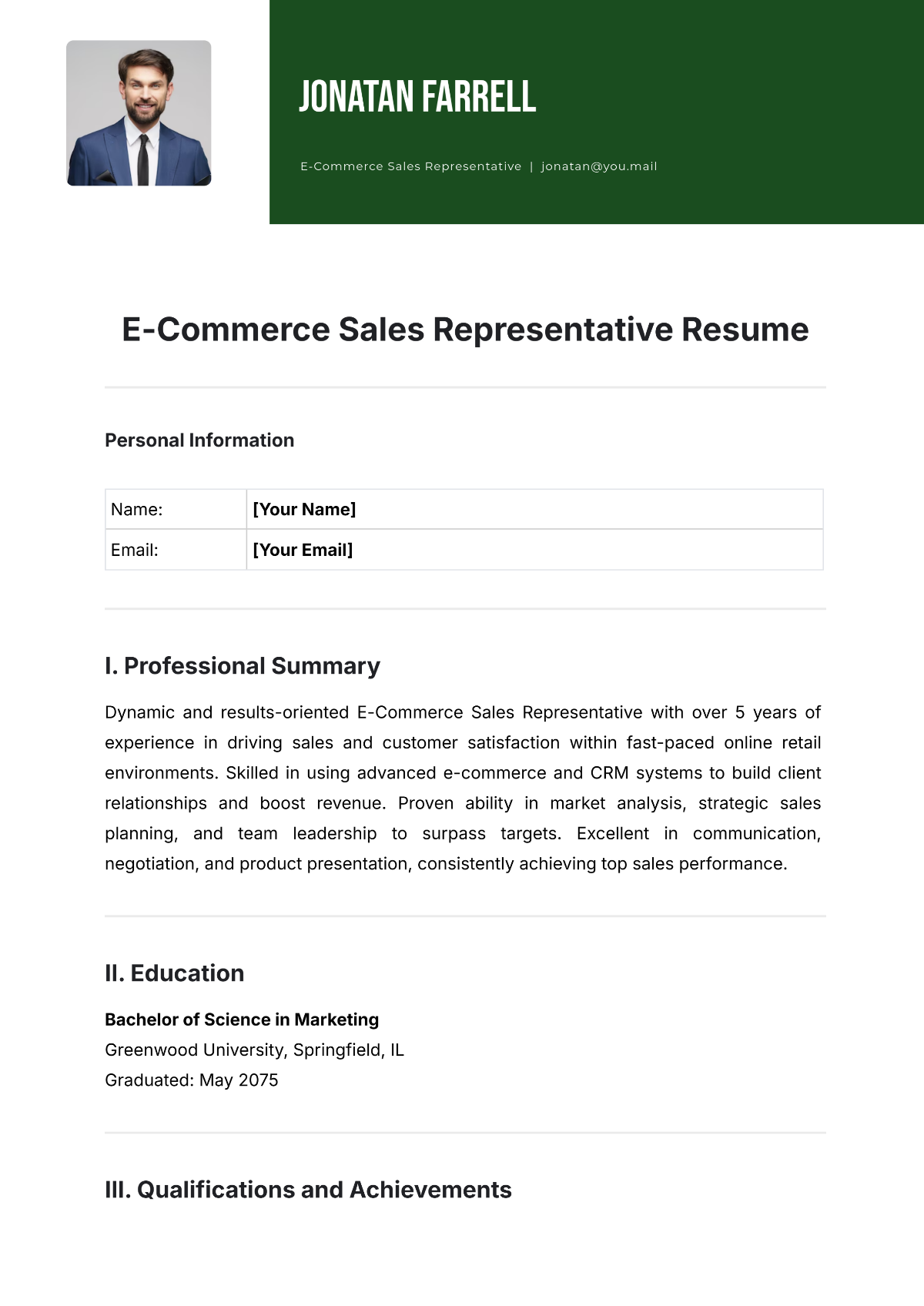 E-Commerce Sales Representative Resume Template - Edit Online & Download