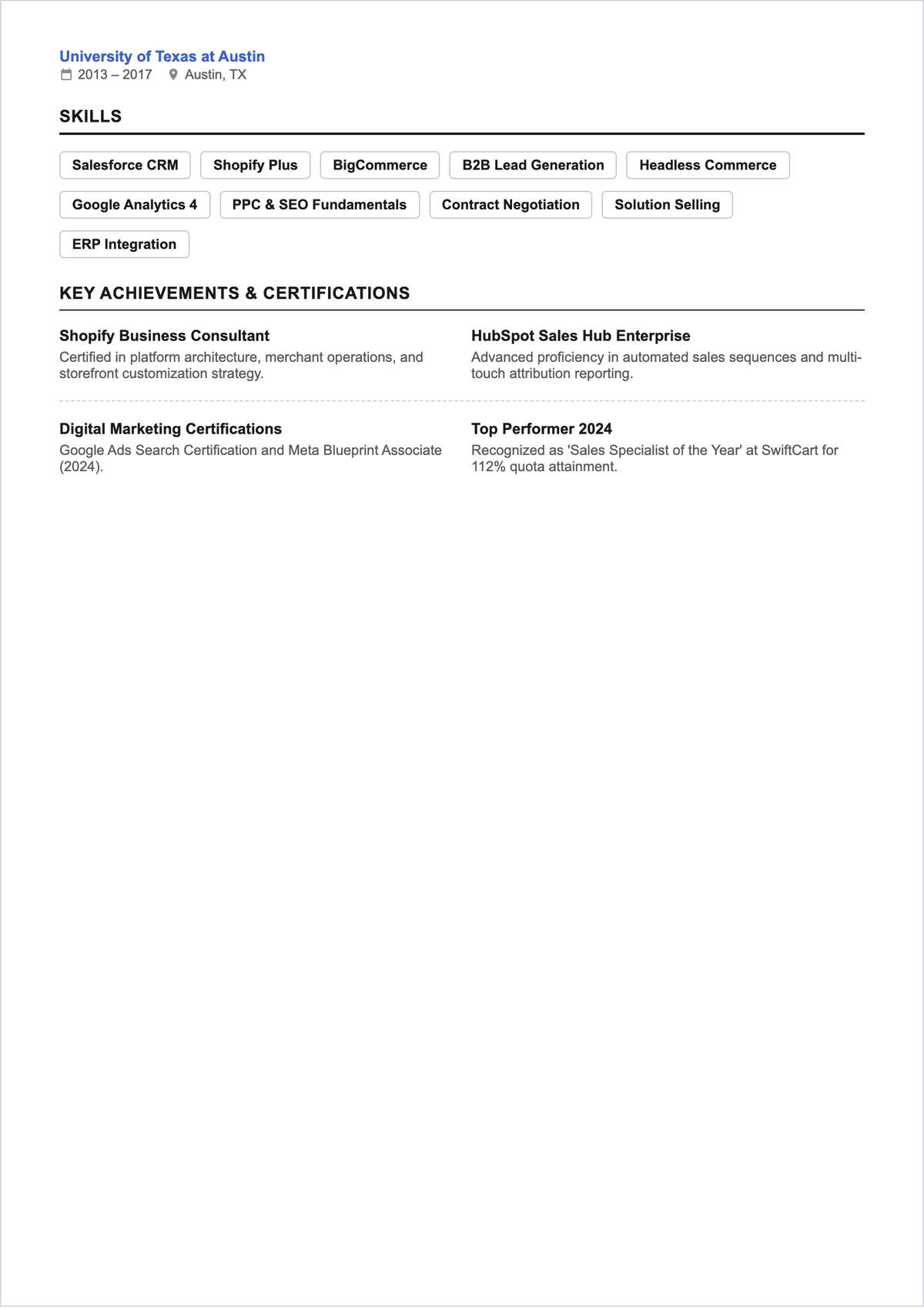 Free E-Commerce Sales Representative ATS Resume Template