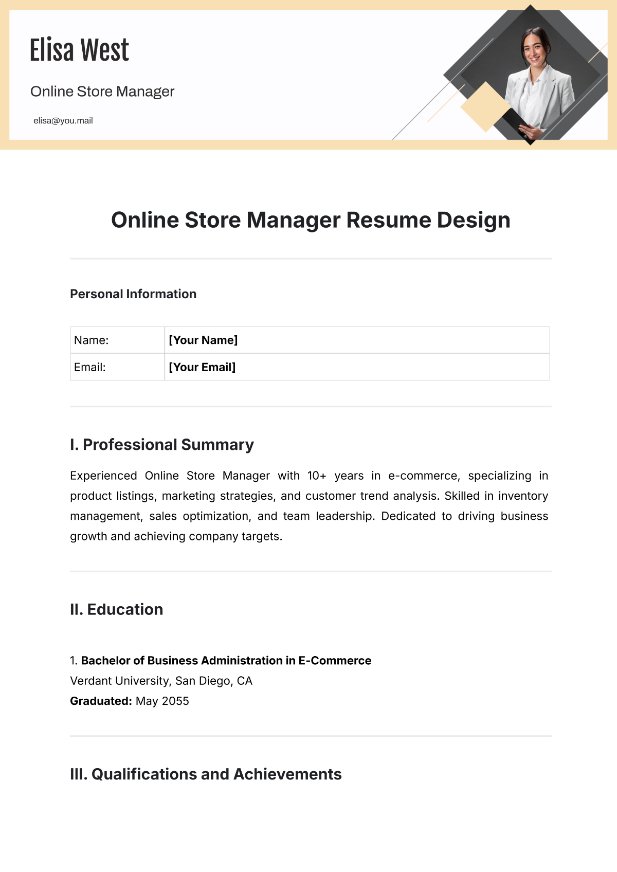 Online Store Manager Resume Design Template - Edit Online & Download