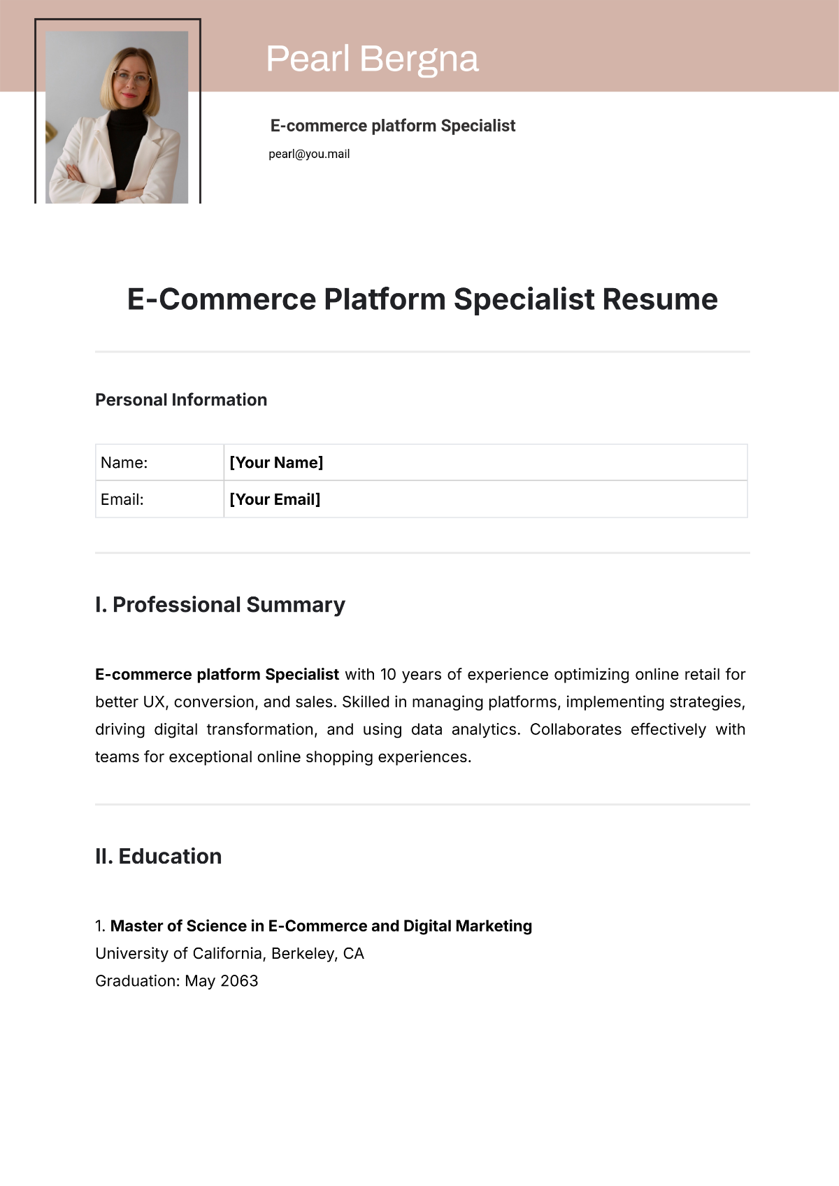 E-Commerce Platform Specialist Resume Template - Edit Online & Download