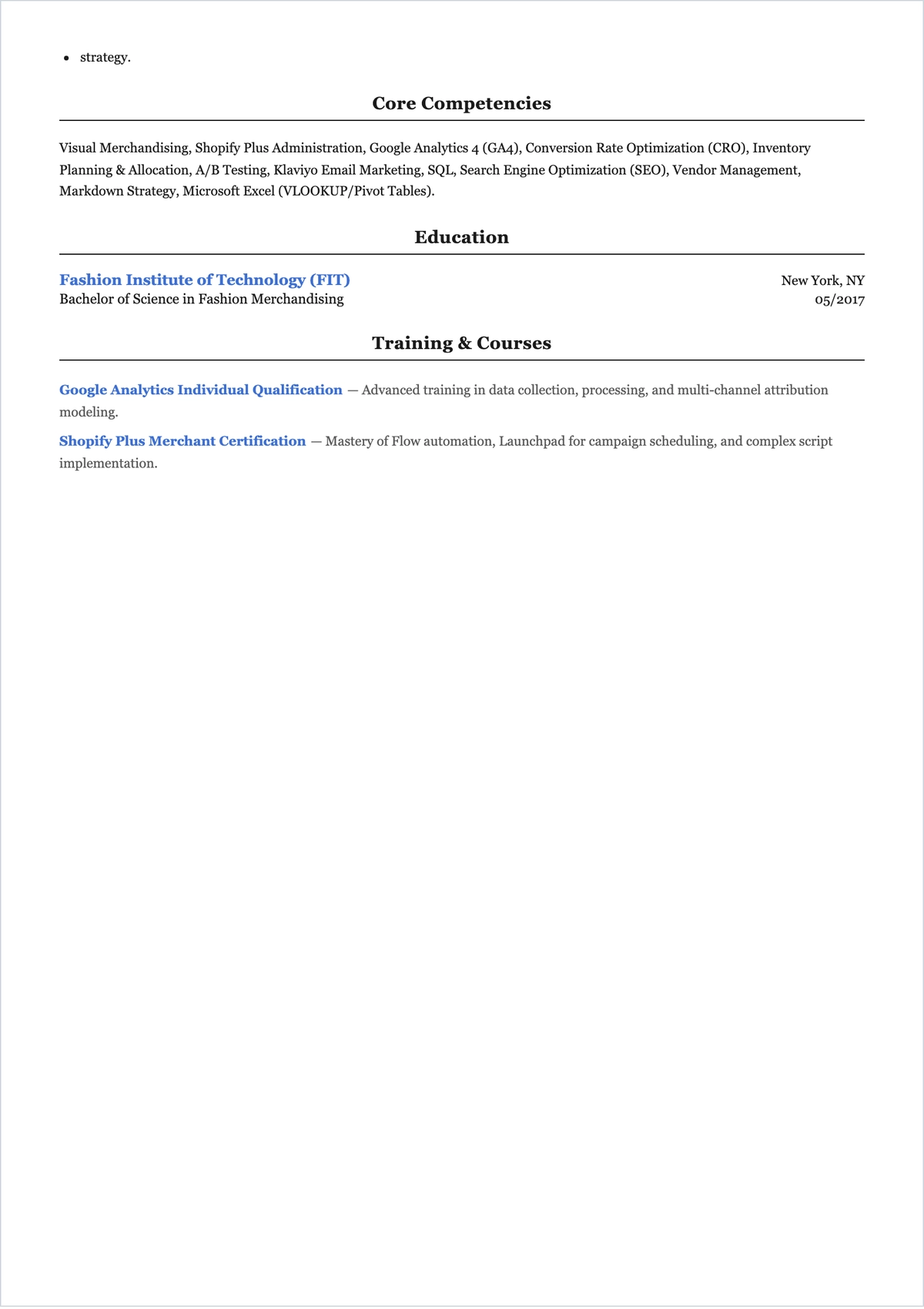 Free Professional E-Commerce Merchandiser ATS Resume Template