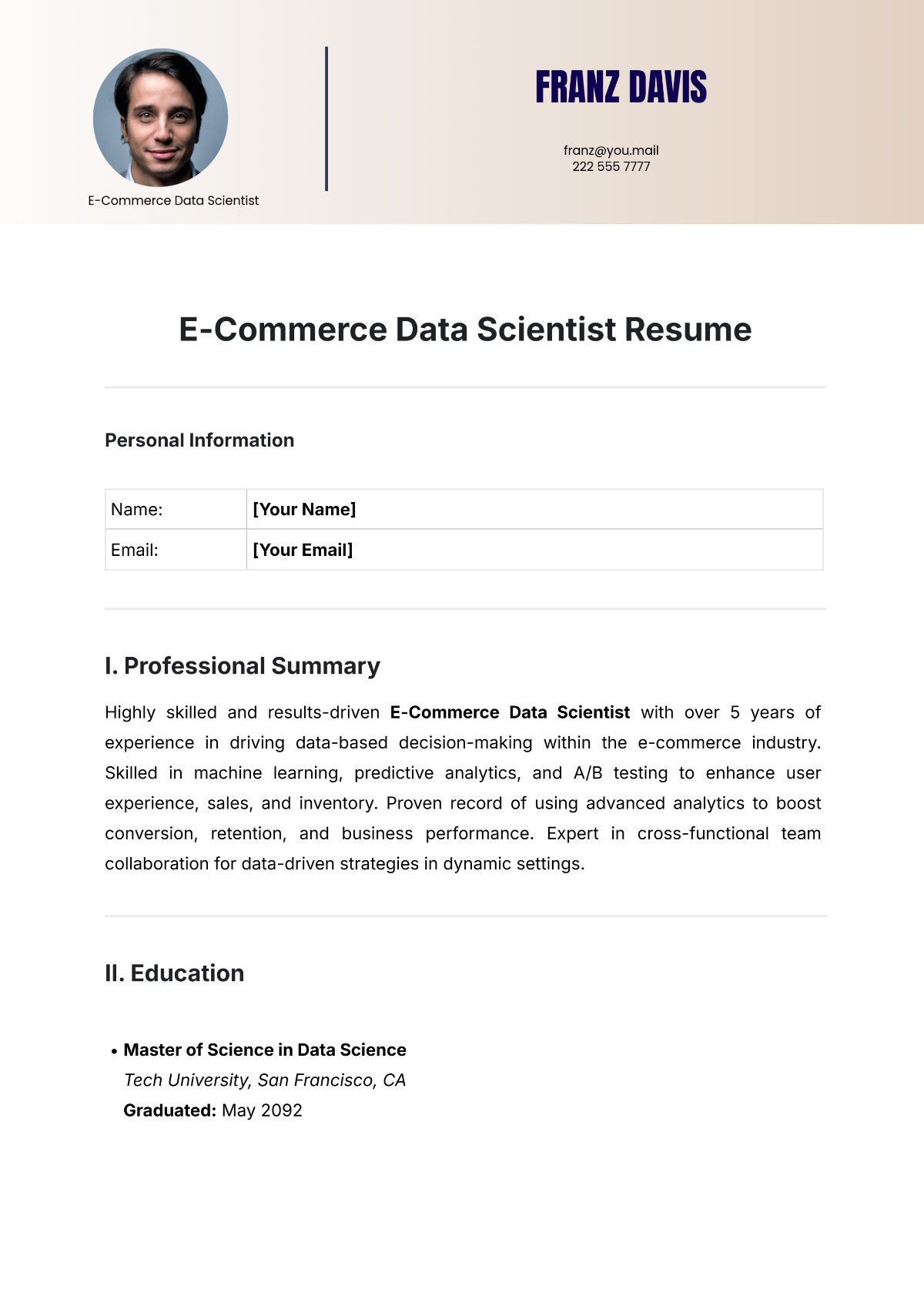 E-Commerce Data Scientist Resume Template - Edit Online & Download