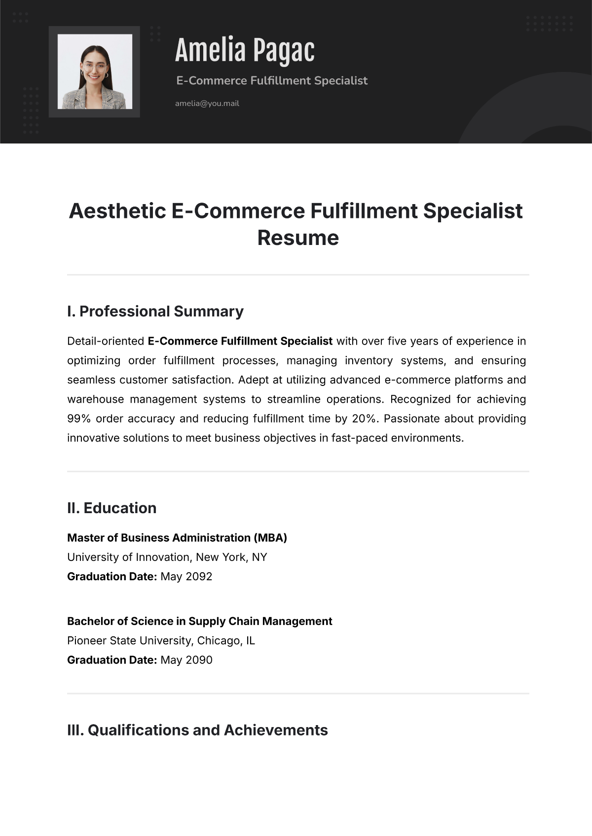 Aesthetic E-Commerce Fulfillment Specialist Resume Template - Edit Online & Download