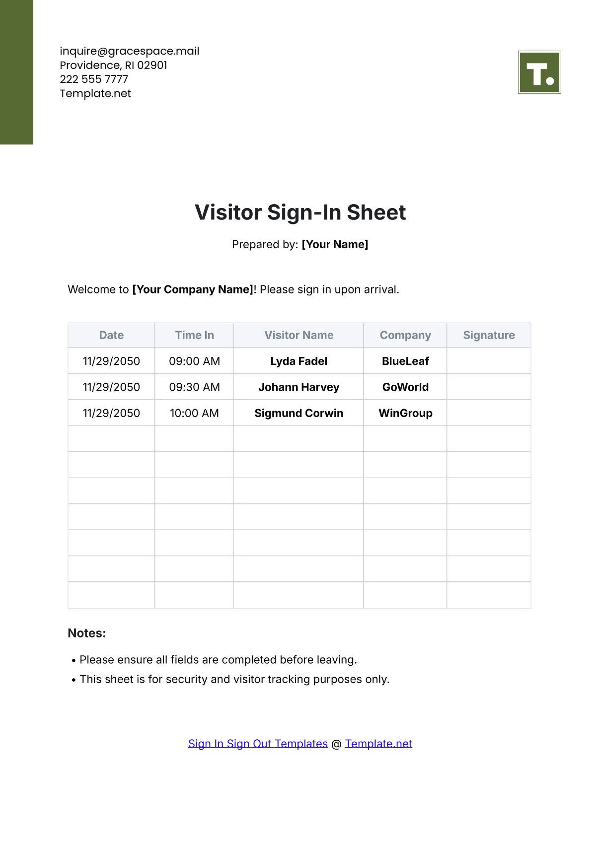 Visitor Sign In Sheet Template - Edit Online & Download