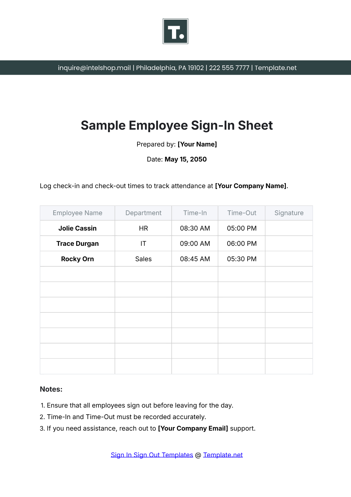 Sample Employee Sign In Sheet Template - Edit Online & Download