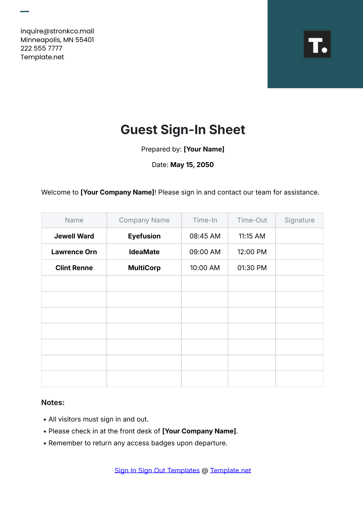 Guest Sign In Sheet Template - Edit Online & Download