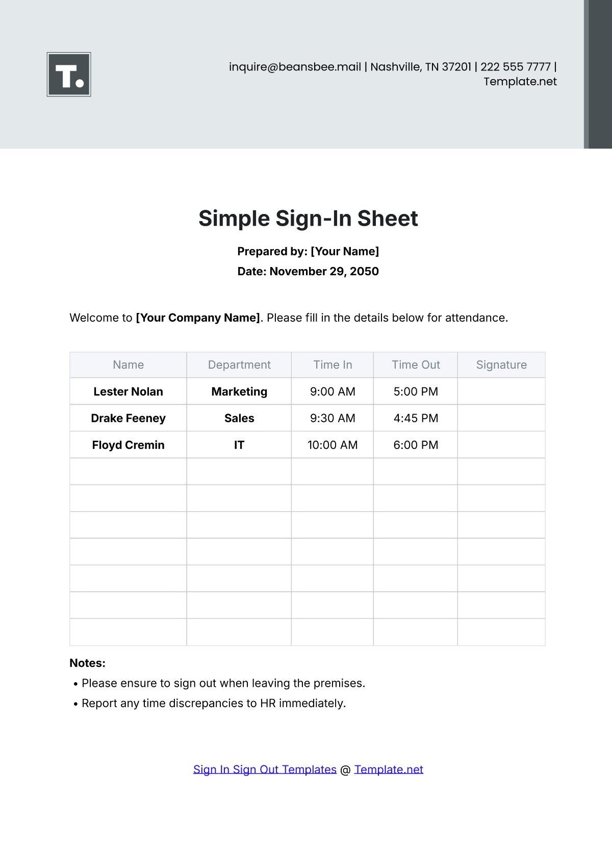 Simple Sign In Sheet Template - Edit Online & Download