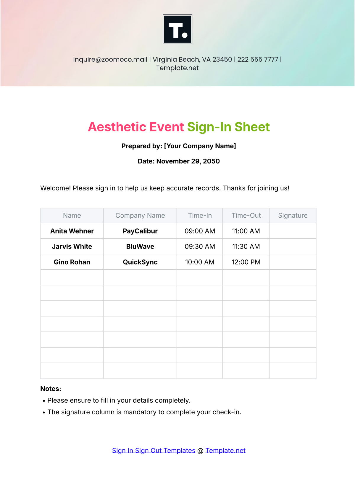 Aesthetic Event Sign In Sheet Template - Edit Online & Download