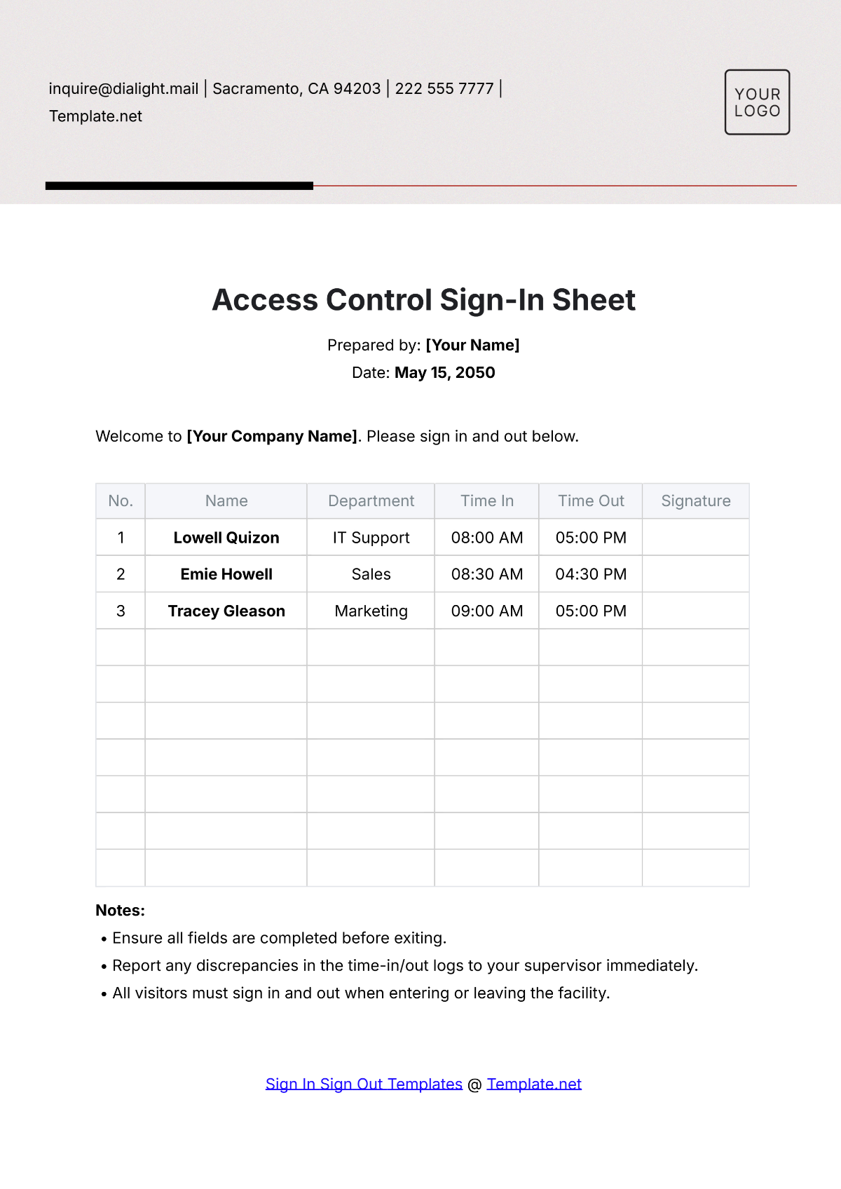 Access Control Sign In Sheet Template - Edit Online & Download