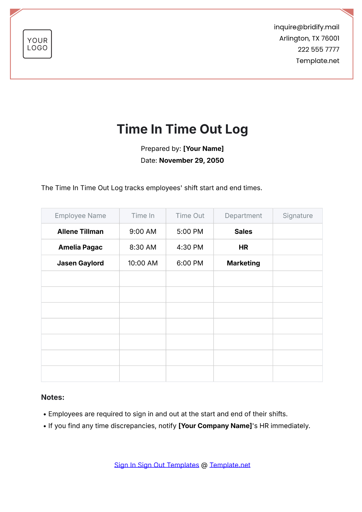 Time In Time Out Log Template - Edit Online & Download